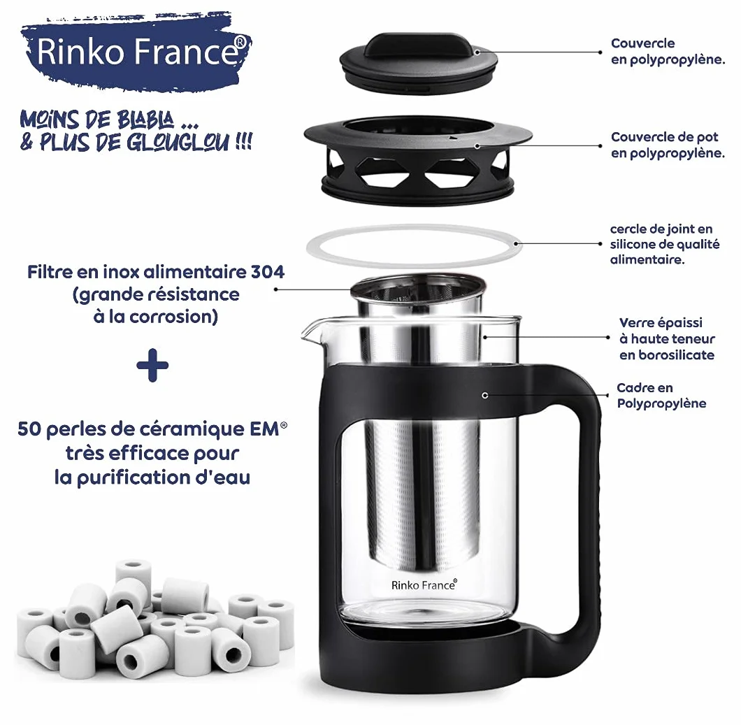 Carafe d'Eau 1,5 L avec 50 Perles de Céramique EM 100% Purification Naturelle de l'eau Potable| Billes Argile Filtrante Anti Calcaire, Chlore avec Pince en Bambou et E-Book offert
