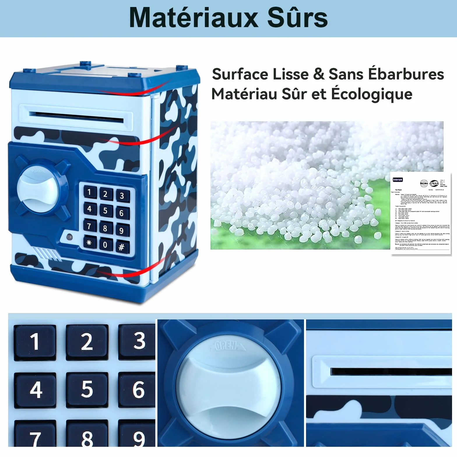 Tirelire Électronique ATM pour Enfants 3+ Coffre-Fort à Code Pièces Billets Grande Capacité Papier Défilement Automatique Bleu