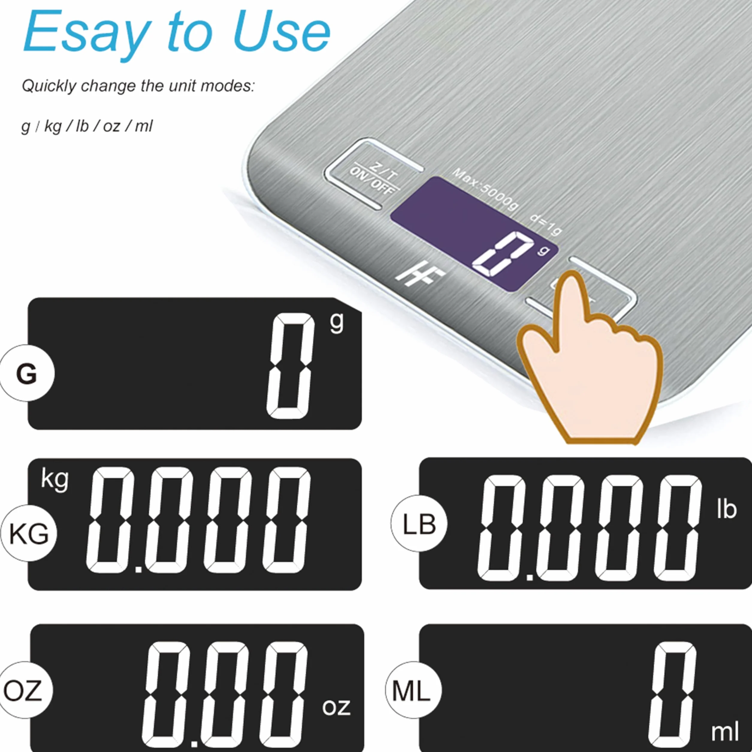 Balance de Cuisine Électronique 5000g/1g Acier Inoxydable Écran LCD Rétroéclairé