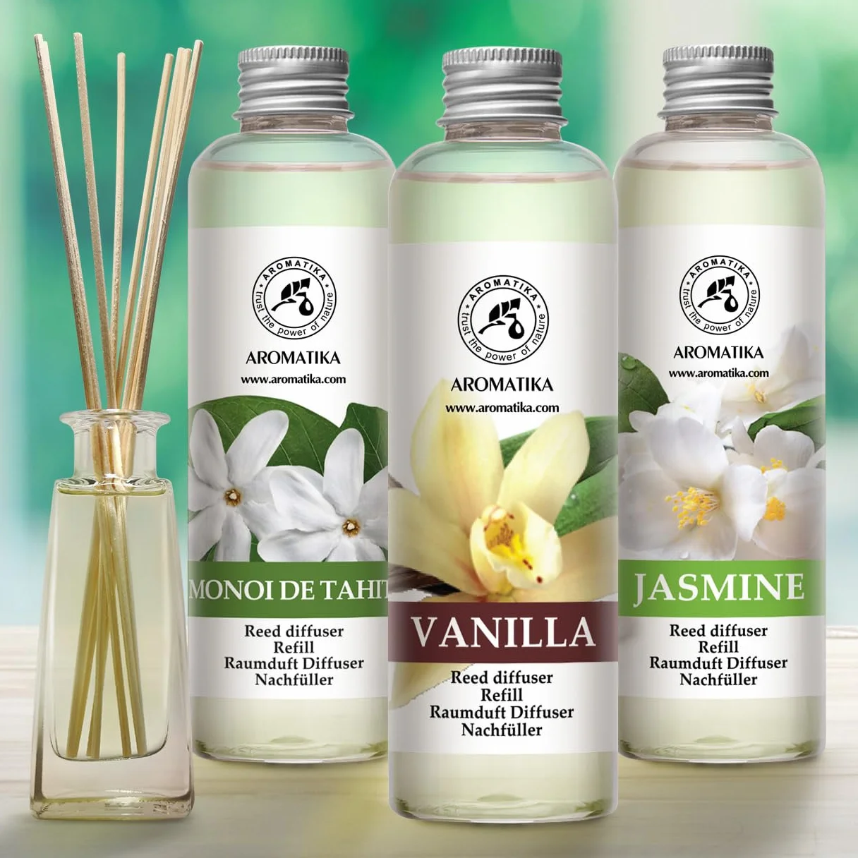 Recharge Diffuseurs de Parfum 3x200ml Monoï de Tahiti Vanille Jasmin - Parfum d'Ambance Frais Longue Durée