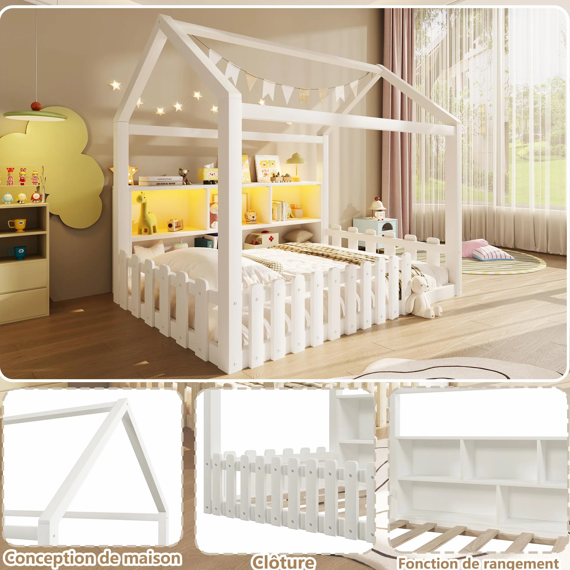 Sapgaks Lit Enfant avec éclairage LED,barrière de sécurité,Compartiments de Rangement Ouverts,lit cabane Enfants 90x 190 en pin,Cadre de lit 90 x 190 avec sommier à Lattes (Blanc 90x190)