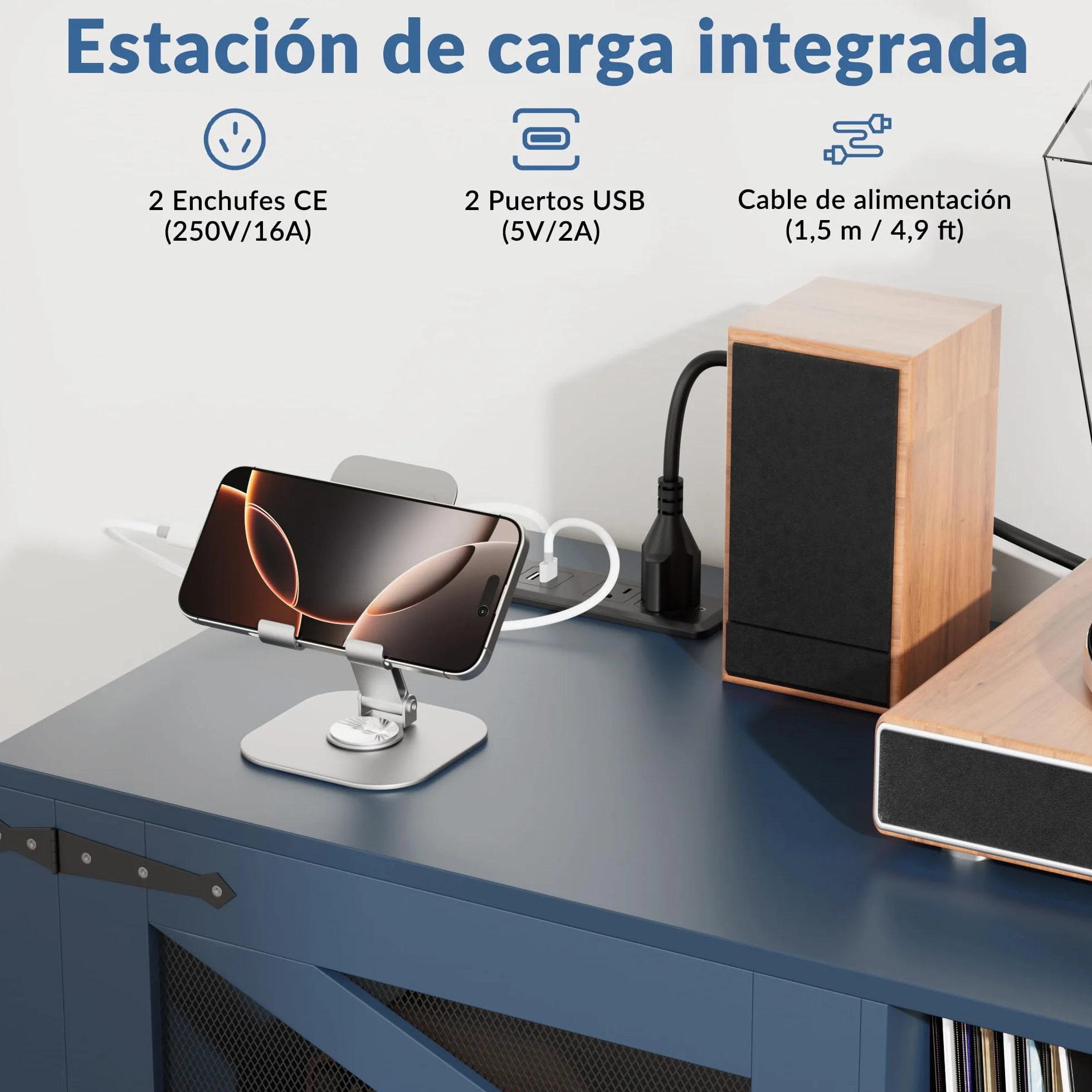 MDF Meuble pour disques vinyles avec finition noyer, support pour 500 vinyles, 2 prises et 2 USB, anti-retournement, meuble compact pour salon et tourne-disques, couleur bleue (120 x 40 x 80 cm
