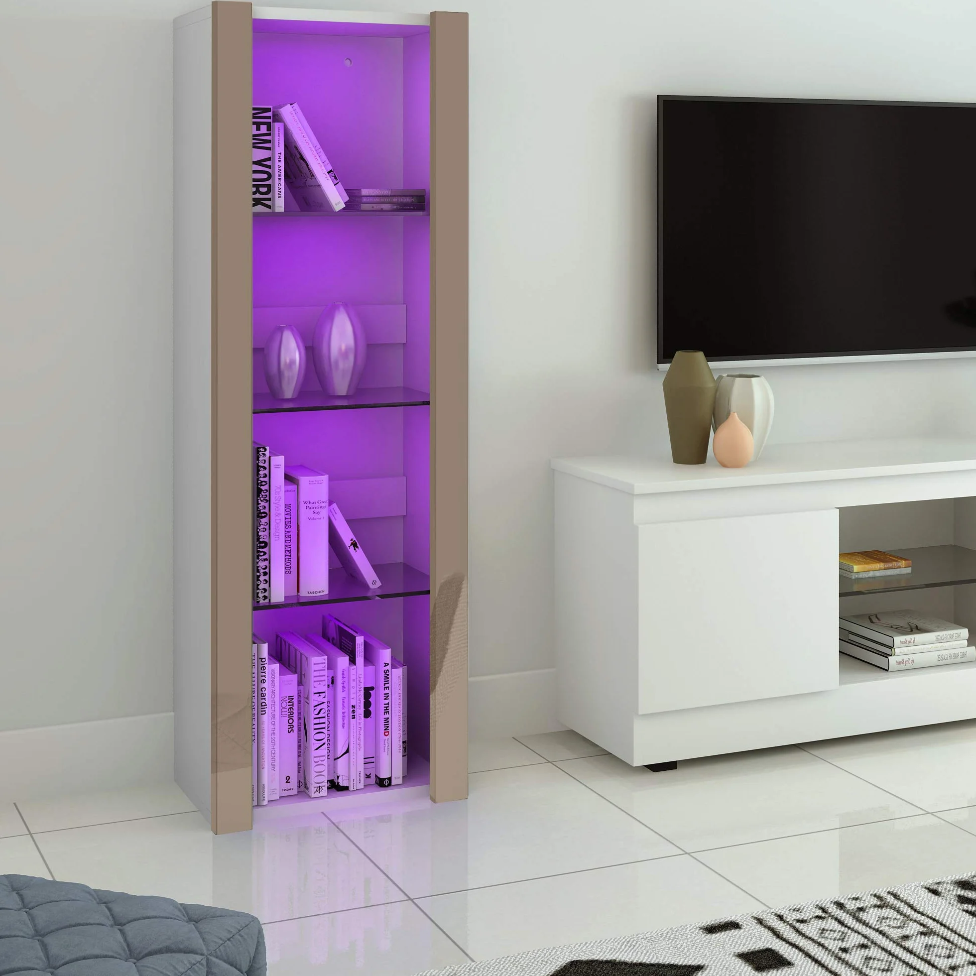 Panana Vitrine Lumières LED Meuble de Rangement avec Etagères sur Salon, Bureau, 55 x 35 x 166 cm (Gris+Blanc)