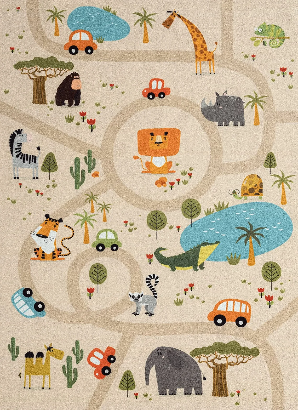 Tapis de Jeu Happy Life Rond Beige 160 x 160 cm Motif Route Animaux Voitures Enfants