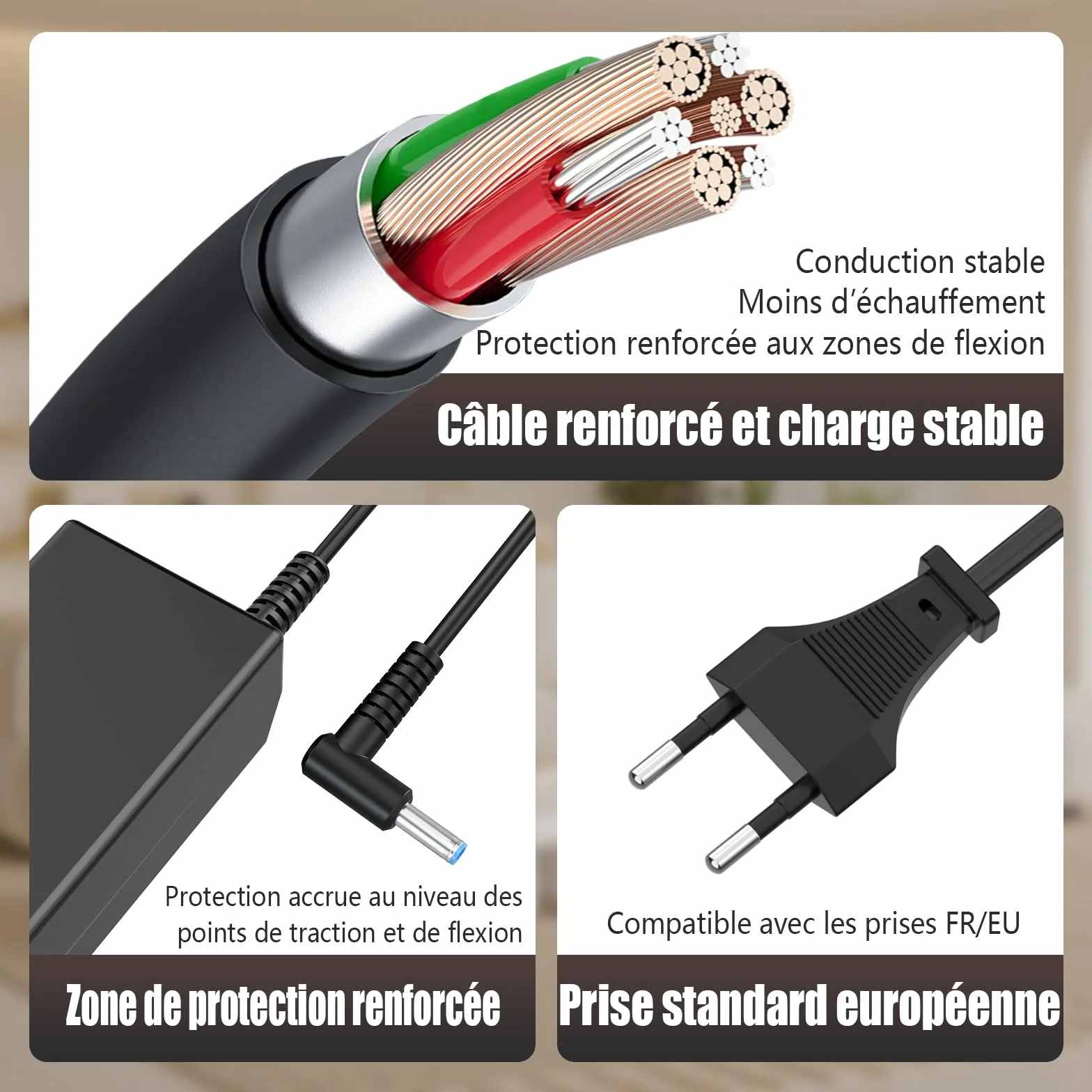 Chargeur Ordinateur Portable 45W Compatible HP Elitebook 840 850 ProBook 430 440 450 Pavilion X360 Stream Envy 19.5V 2.31A