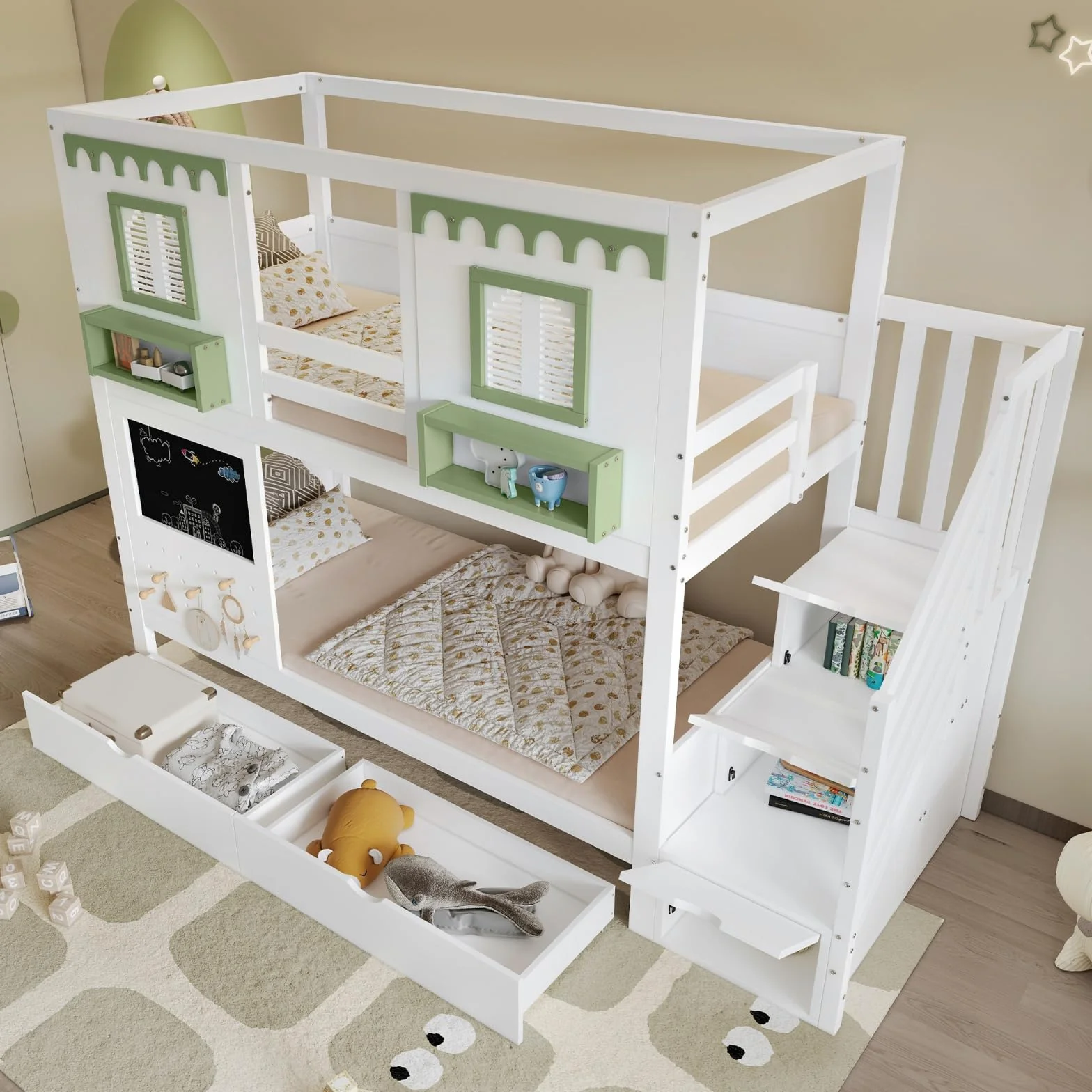 Sweiko Lit superposé 90 x 200 cm avec 2 tiroirs, lit enfant avec petit tableau noir, panneau d'affichage + 5 crochets en bois, armoire de rangement intégrée sous l'escalier, blanc + vert, sans matelas