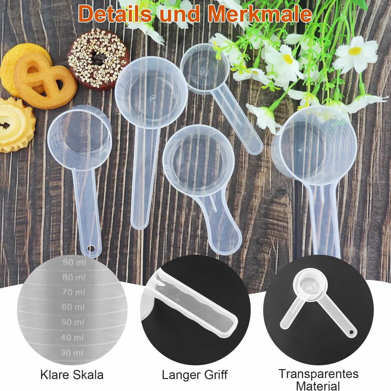 Jeu de 5 cuillères de mesure transparentes avec échelle 20/40/50/70/100 ML