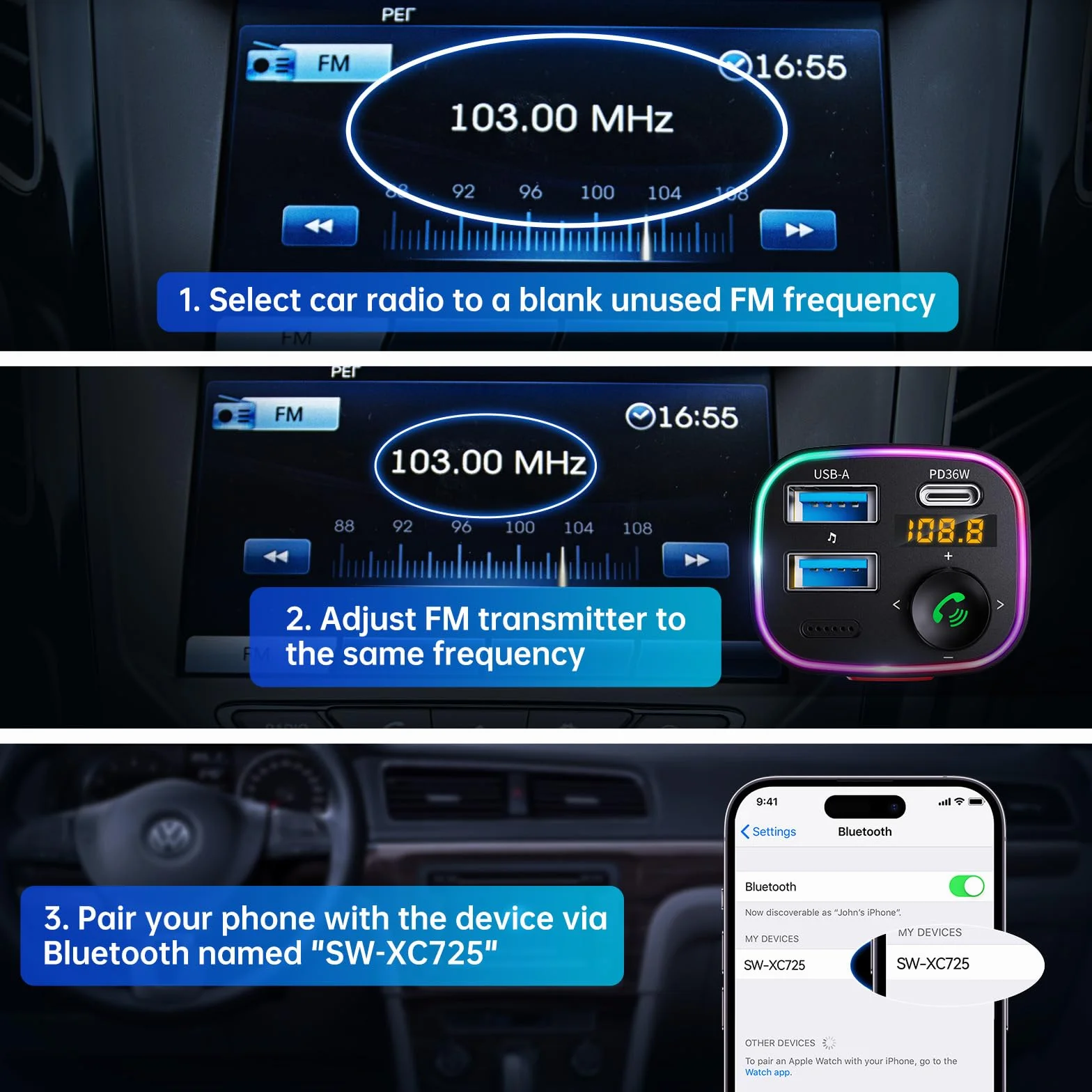 Syncwire Bluetooth 5.3 Fm Nadajnik Samochodowy - Ładowarka Samochodowa 48W (Pd 36W&12W) Adapter Samochodowy, Bezprzewodowy Odbiornik Radiowy, Wyświetlacz Led 64 Gb Usb Z Przełącznikiem Światła