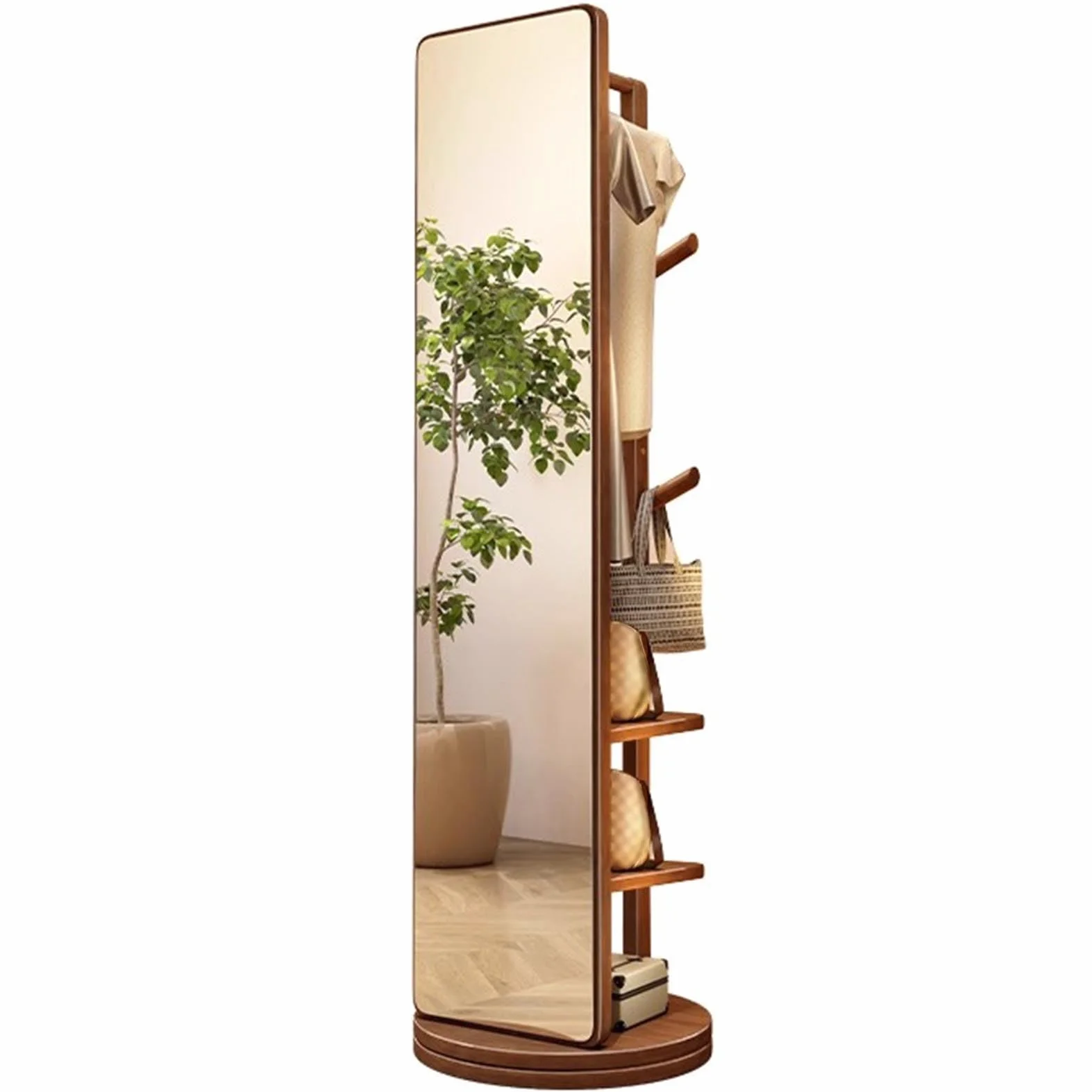 Miroir Pleine Longueur Rotatif 360° Bois Massif avec Étagères de Rangement sur Pied Robuste