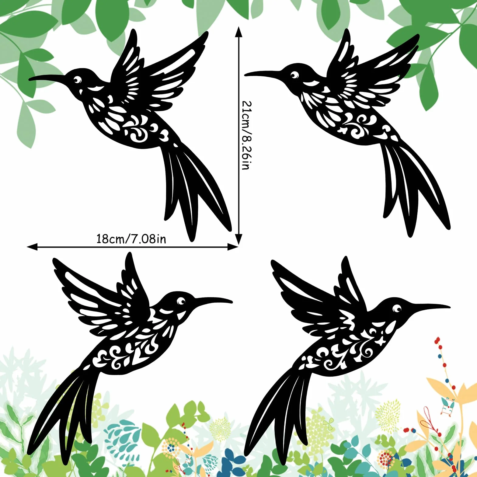 YiYa Lot de 4 Décorations Murales en Métal Colibri Style Boho Rustique Oiseau pour Intérieur Extérieur Noir