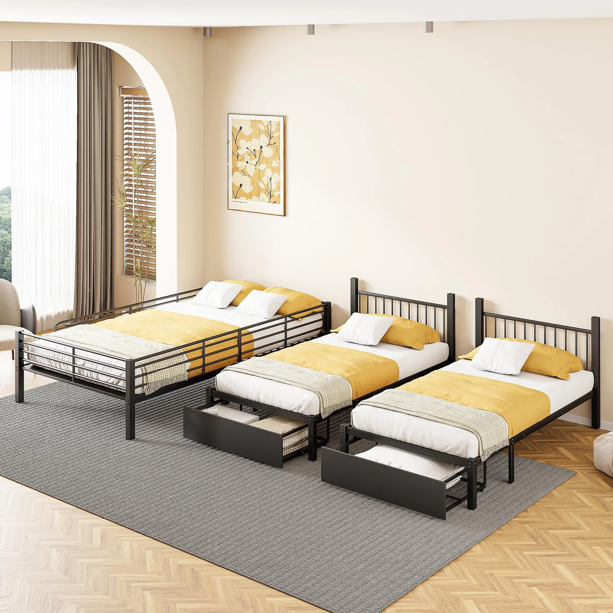 Sapgaks Lit superposé Triple avec tiroirs, lit Enfant,Convertible en Un lit Double 140 x 200 et Deux Lits Simples 90 x 200, lit Multifonctionnel avec Cadre métallique (Noir)