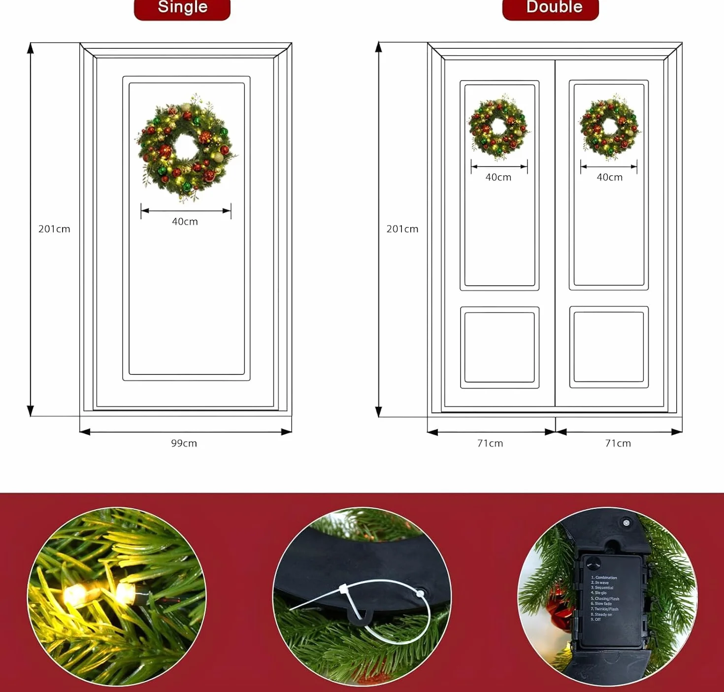 Avoalre 40CM Couronne de Noël LED Piles avec Minuterie 8 Modes Couronne de Noël Lumineuse pour Porte d'entrée Cheminée Mur Festival de Noël Décoration de la Maison