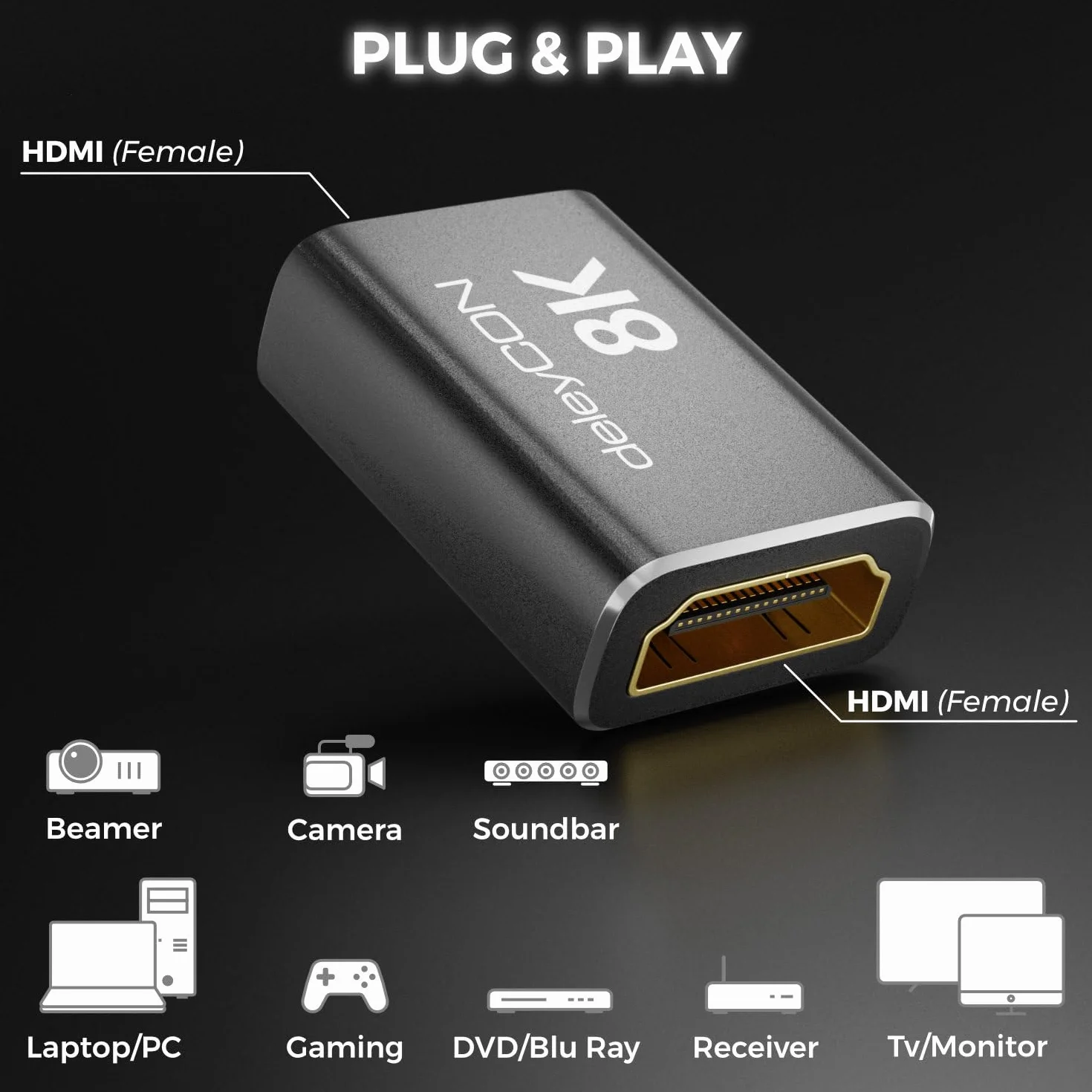 deleyCON 2 Szt. Złączka HDMI 2.1 8K (48G, Ultra High Speed) - Adapter 8K@60Hz, 4K@120Hz, 2K@144Hz/165Hz, EARC, HDCP 2.3/2.2, DTS:X - do HDR Dolby Atmos, TV, PS5, Xbox, Soundbara, Monitora - Czarny