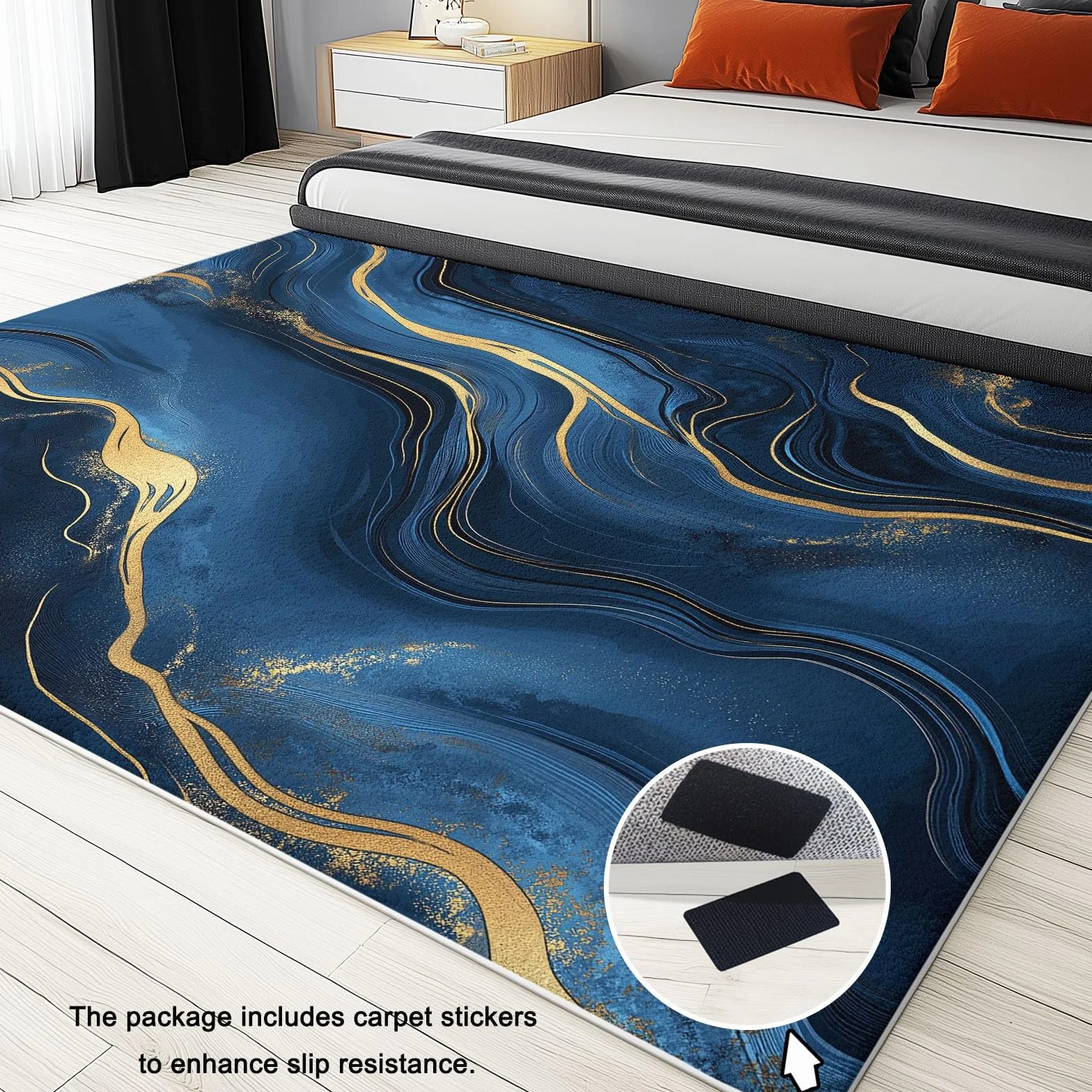 Tapis Salon Chambre Adulte Poil, Tapis à Poils Courts et denses Motif Lignes De Marbre Abstraites, Tapis Lavable en Machine Antidérapant Bleu Foncé Or, 60 x 110 cm