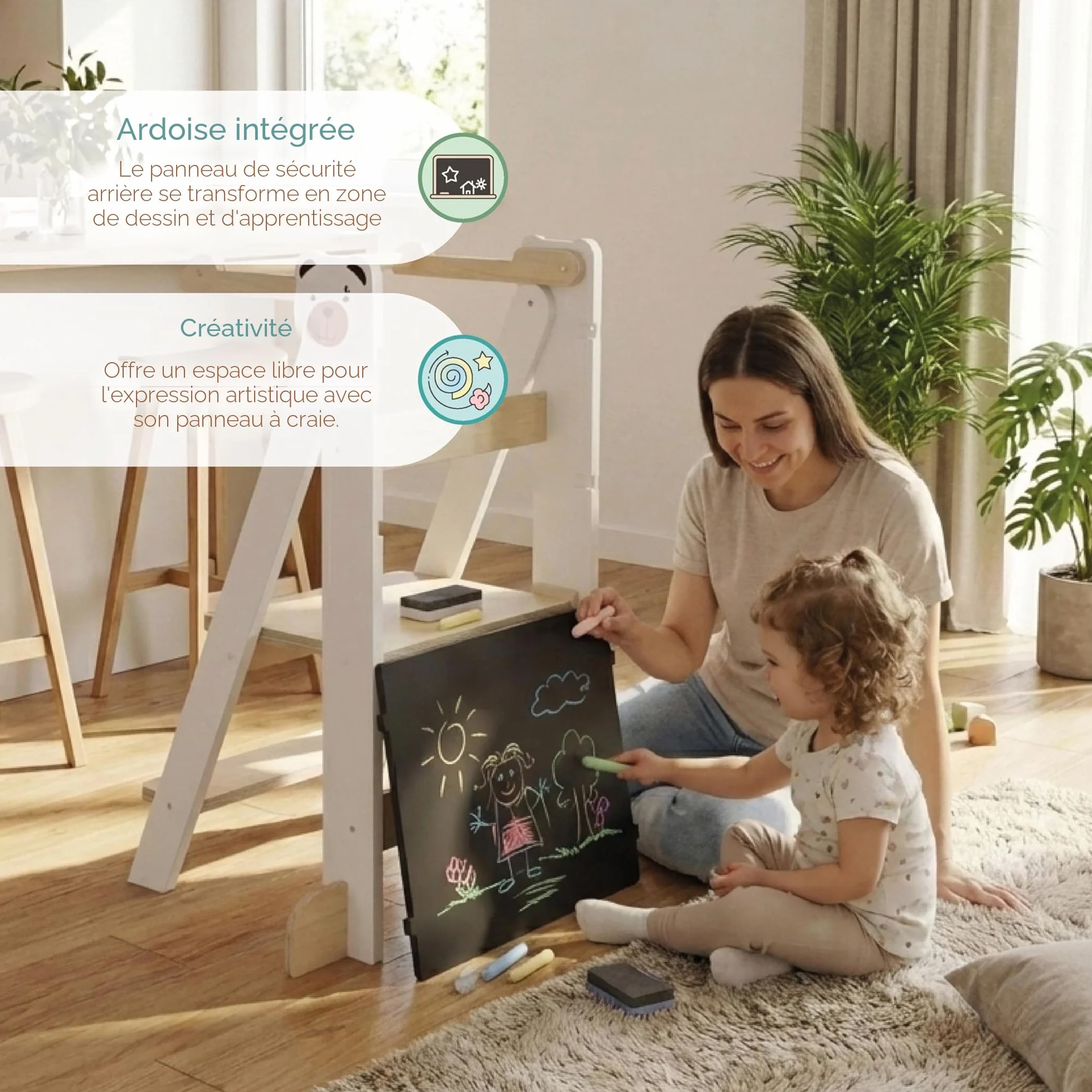 Buddy Baby Xplora - Tour d'apprentissage et tour d'aide dans la cuisine avec tableau - 3 en 1 - Pliable et avec 2 hauteurs - Marches pour enfants avec montage facile
