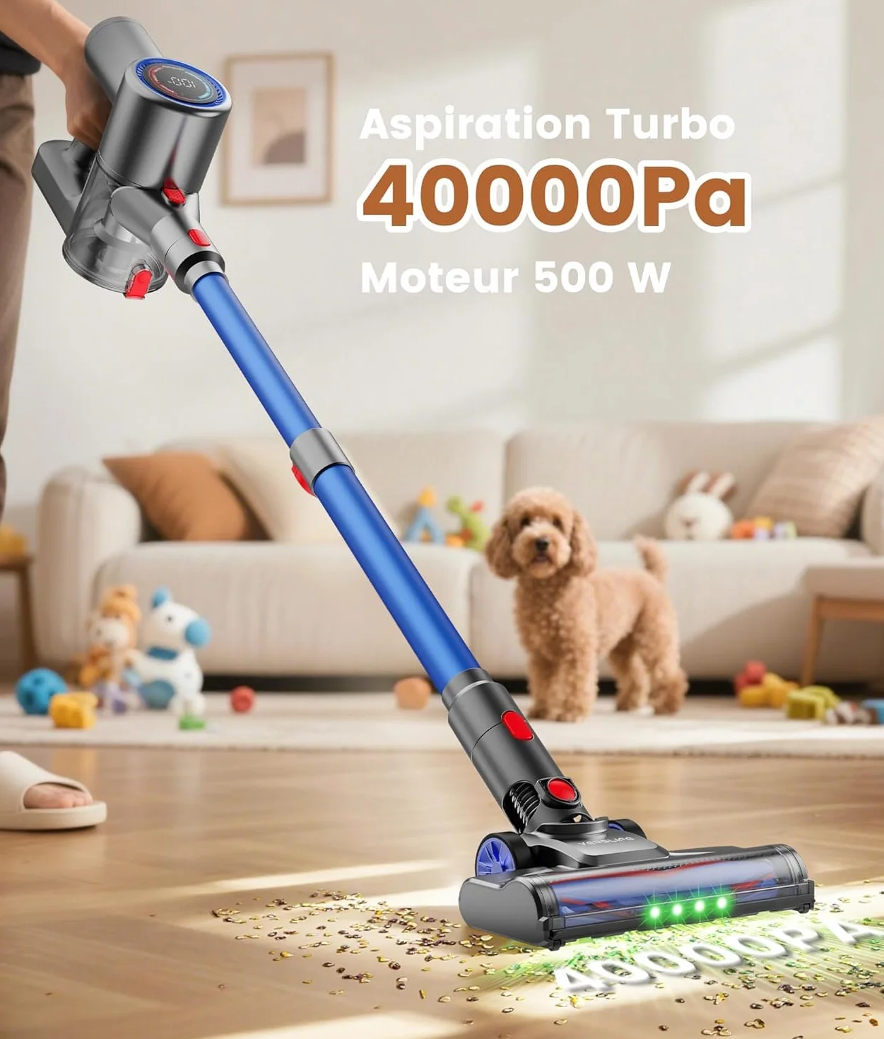 VersLife Z8 Aspirateur Balai sans Fil, 40Kpa/45Min/500W/6 en 1 Aspirateur Balai Léger avec LED Verte, Écran LED, Autoportant pour Poils d'animaux, sols Durs et Moquettes (Bleu foncé)