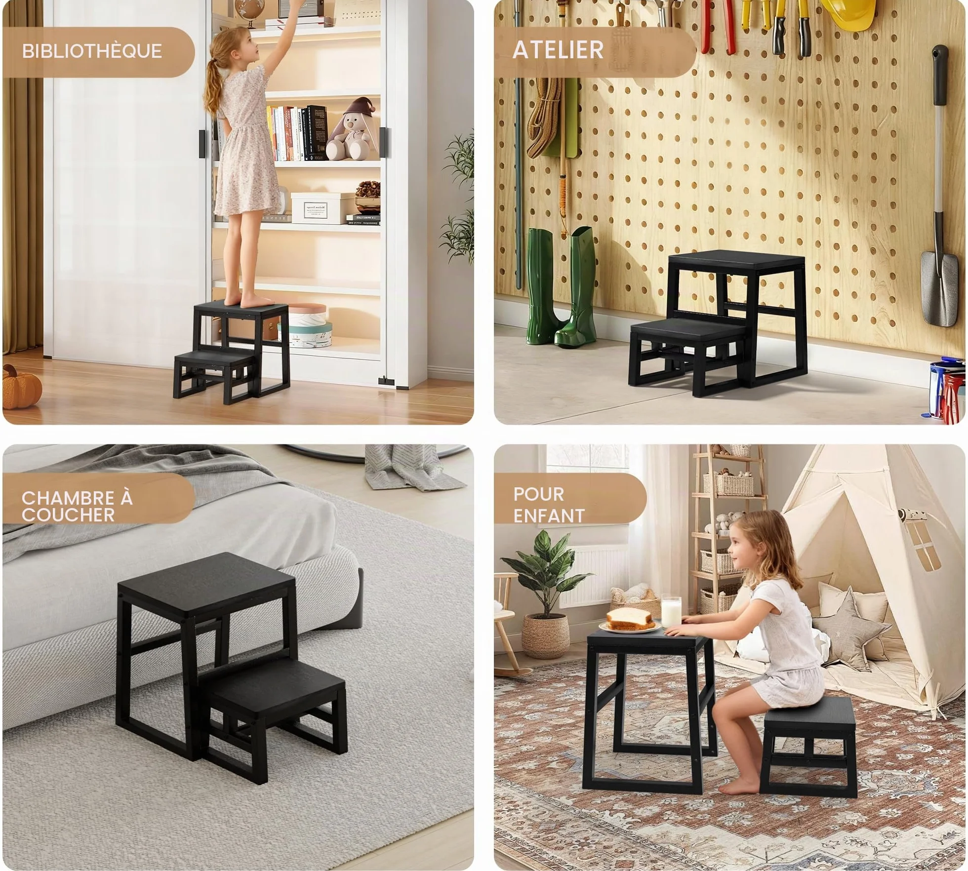 Marchepied 2 marches 3-en-1 en HDPE résistant à l'eau, tabouret 2 marches pliable pour adultes et enfants, supporte jusqu'à 230 kg, marchepied pliable deux marches pour la salle de bain, la cuisine