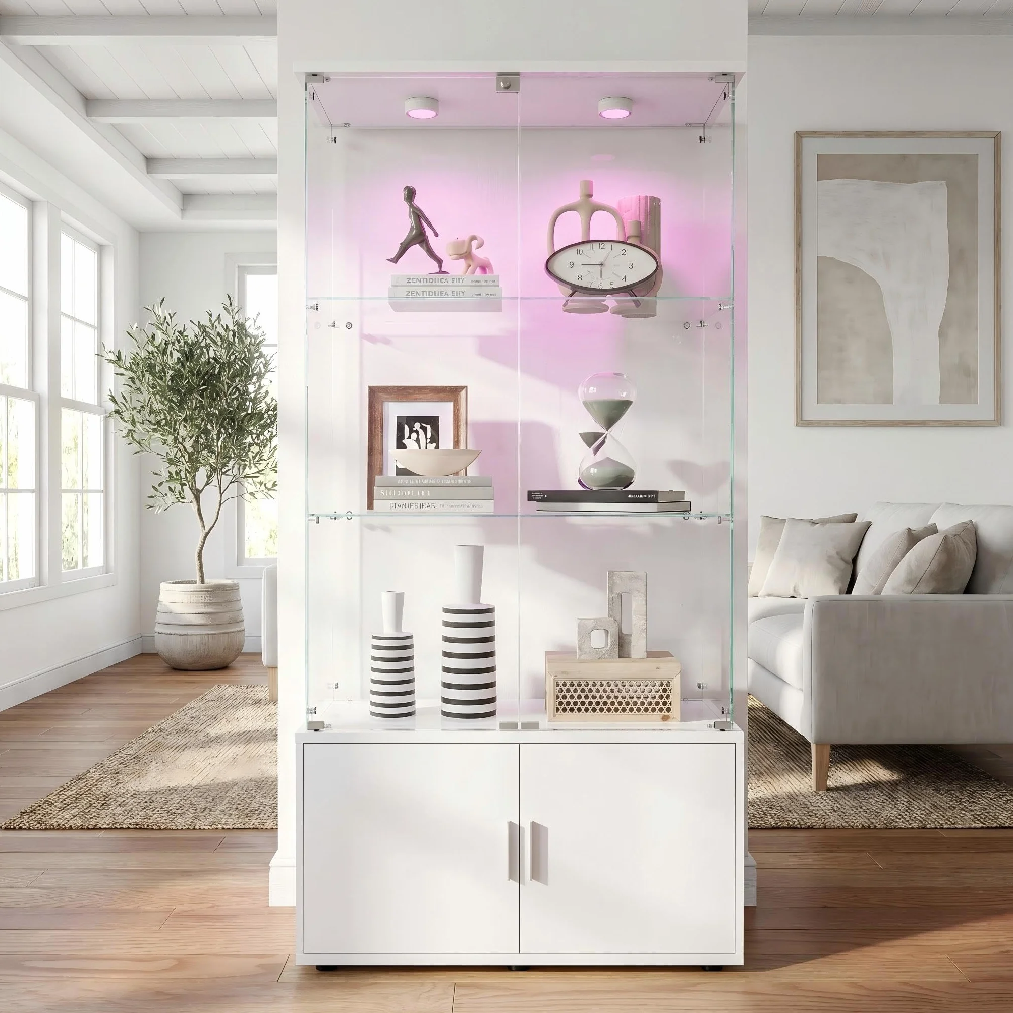 Vitrine en Verre, LED Meuble Vitrine, 3 Etages 4 Portes Vitrine Salon, Vitrines Exposition, Applicable Tous Scénarios Nécessitant Rangement Ambiance (Signal lumineux à déclenchement tactile (blanc))