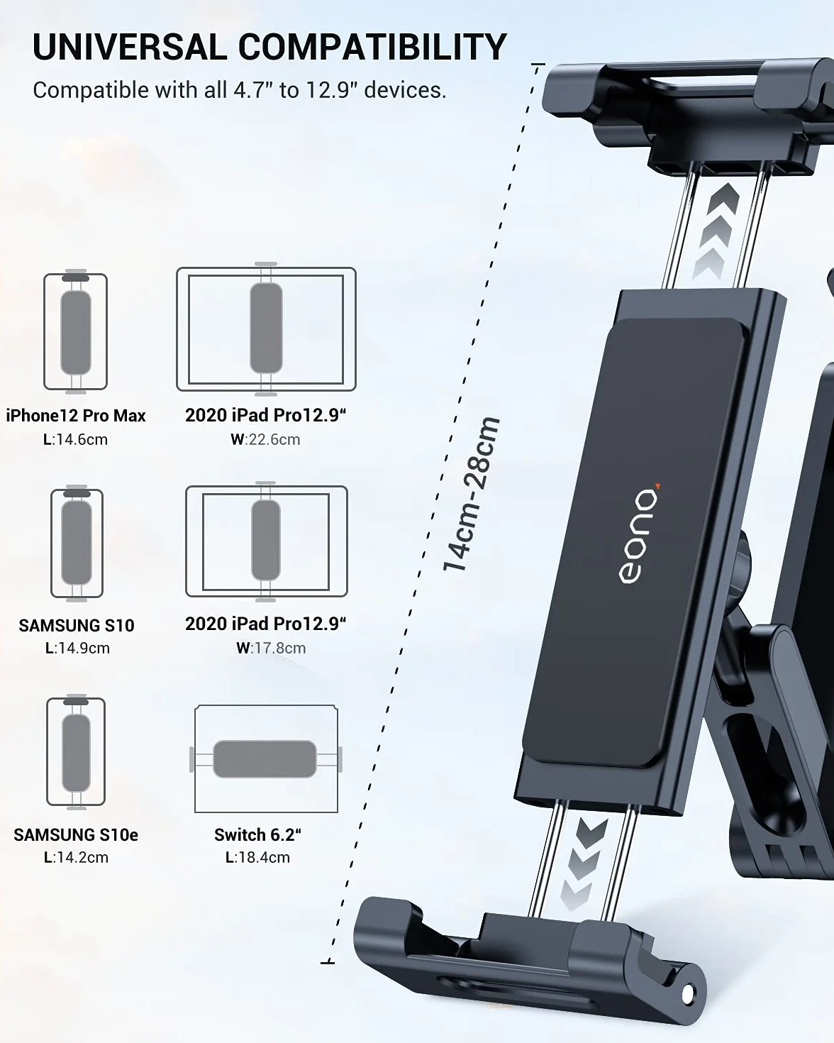 Eono Uchwyt na tablet samochodowy, uchwyt samochodowy zagłówek uchwyt na tablet komórkowy z obsługą 360 obrót dla iPada 4,4-13 cali, iPhone, Galaxy Tab, Huawei Mediapad, Switch