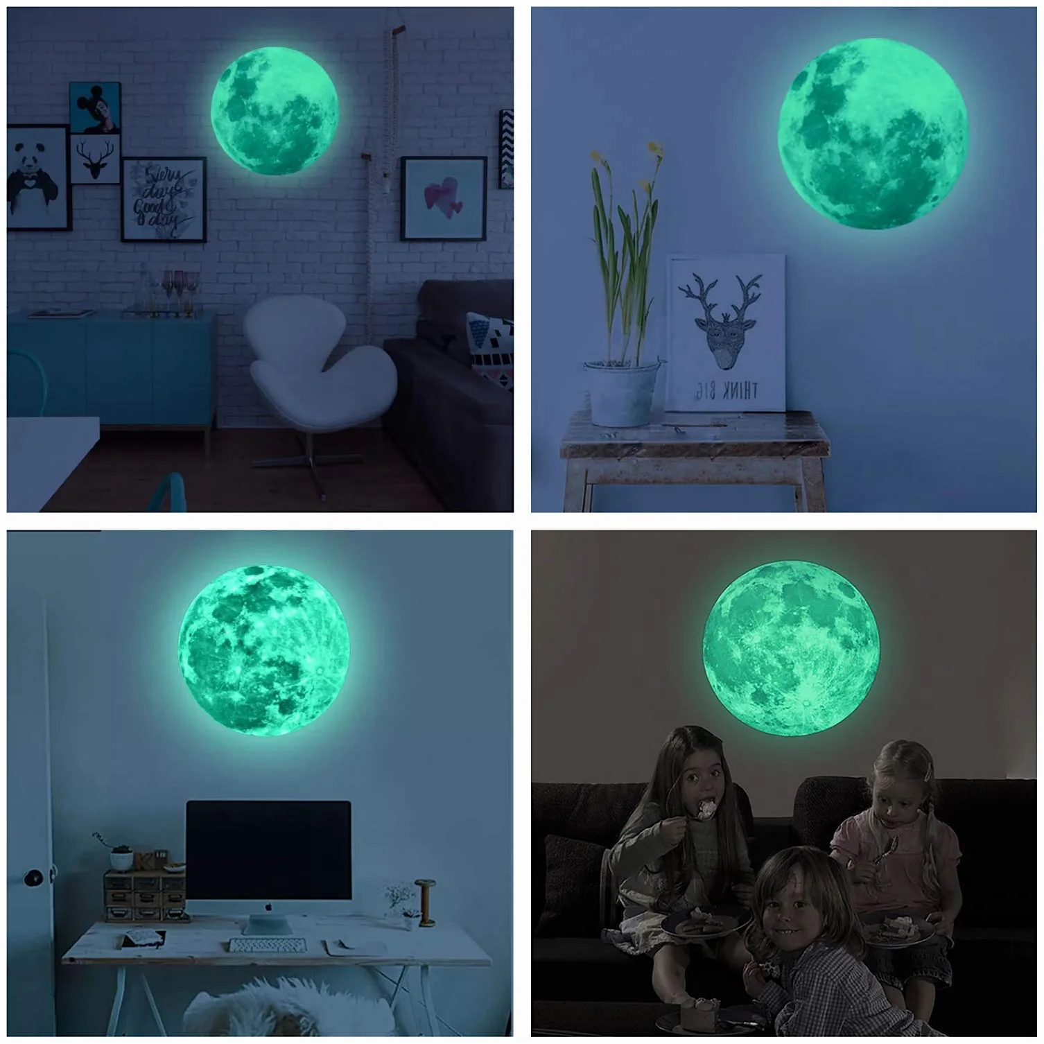 Grande LUNE phosphorescente 30x30 cm Stickers étoiles autocollantes lune lumineuse murale Déco fluorescente chambre
