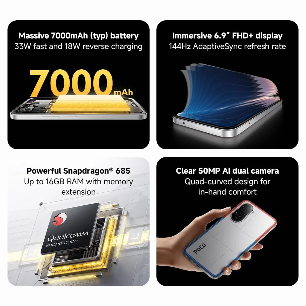 Xiaomi POCO M7, smartfon 6+128 GB, 6,9" FHD+ 144 Hz, Snapdragon 685, podwójny aparat 50 MP AI, 7000 mAh, czarny, ładowarka nie wchodzi w zakres dostawy