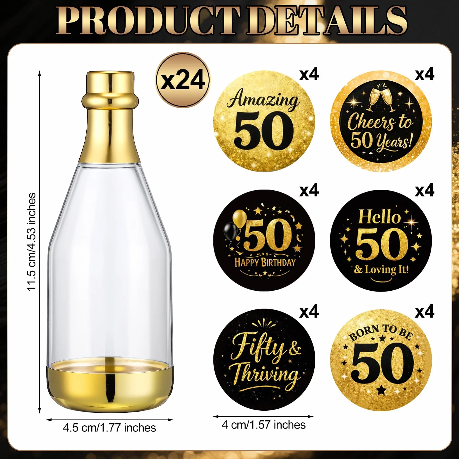 Domensi Lot de 24 mini bouteilles de champagne dorées pour 50e anniversaire avec 24 autocollants, décorations de fête de 50e anniversaire, petits récipients à friandises pour bonbons et bonbons, noir