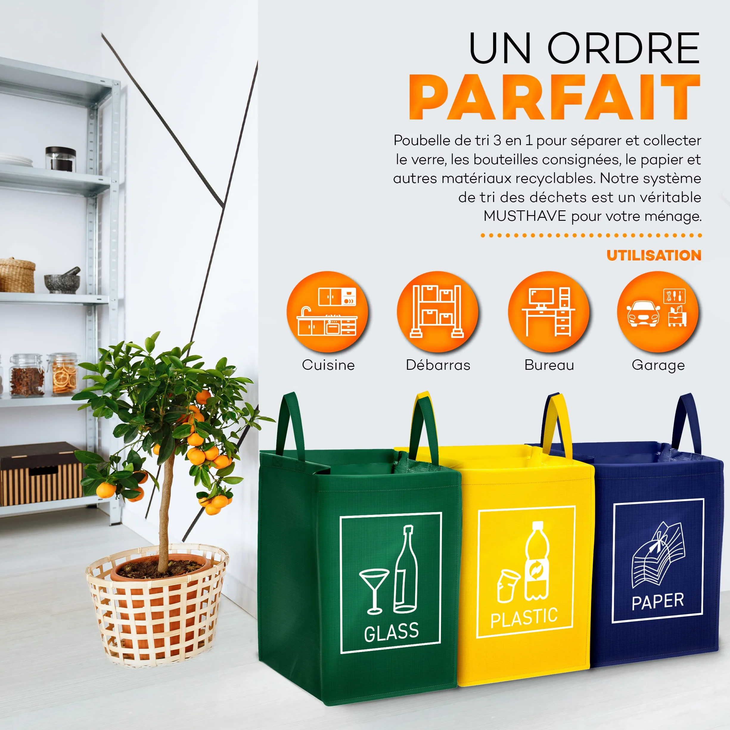 TRESKO Lot de 3 Poubelle Trieur à déchets, Vert/jaune/bleu