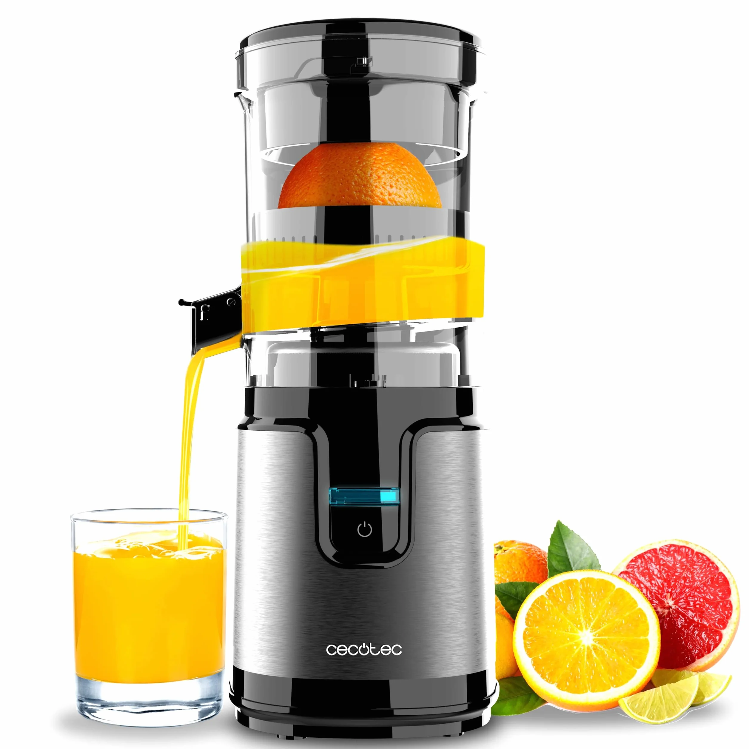 Cecotec Presse-Agrumes Électrique Essential TowerAdjust Easy Steel. Presse-Agrumes 140W, 0,35L sans BPA, Anti-Gouttes, démarrage Automatique, démontable, Lavable Lave-Vaisselle, Base antidérapante