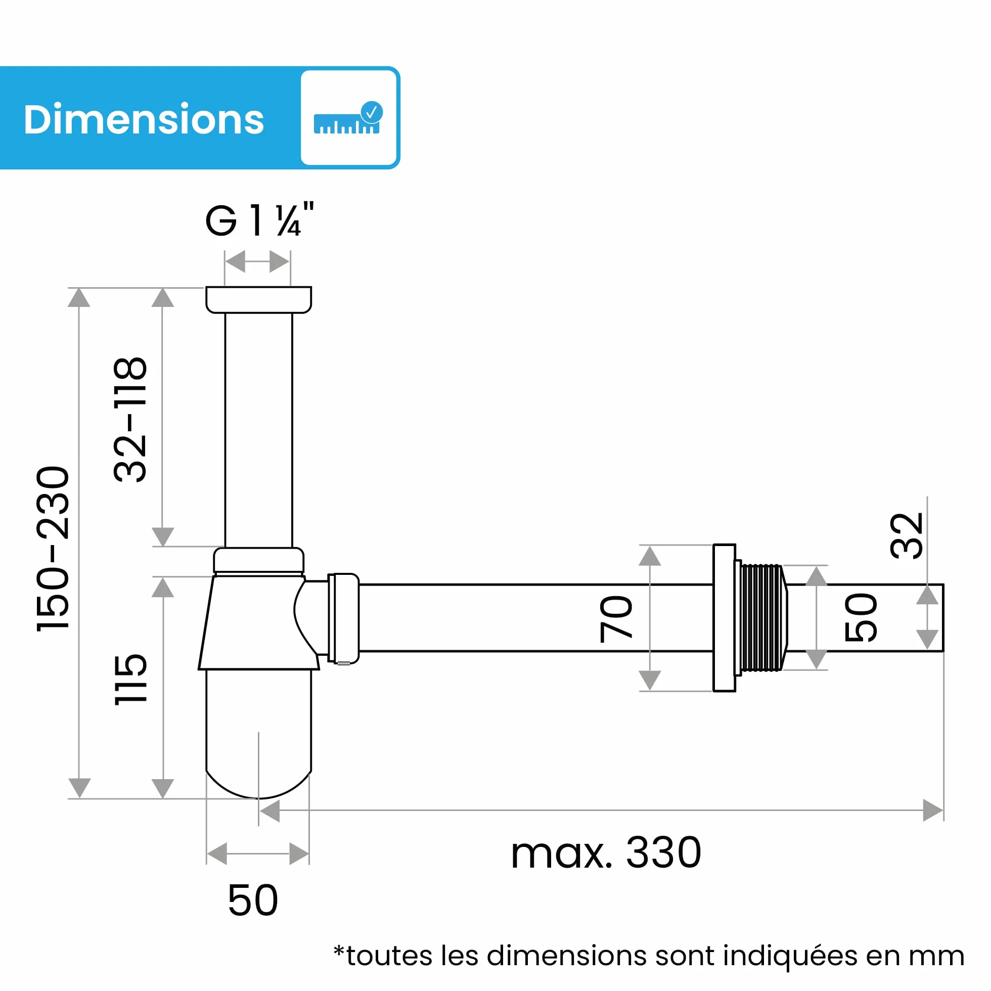 Siphon à Tasse Universel Bächlein pour Lavabos et Éviers, Écoulement à Bouteille Design