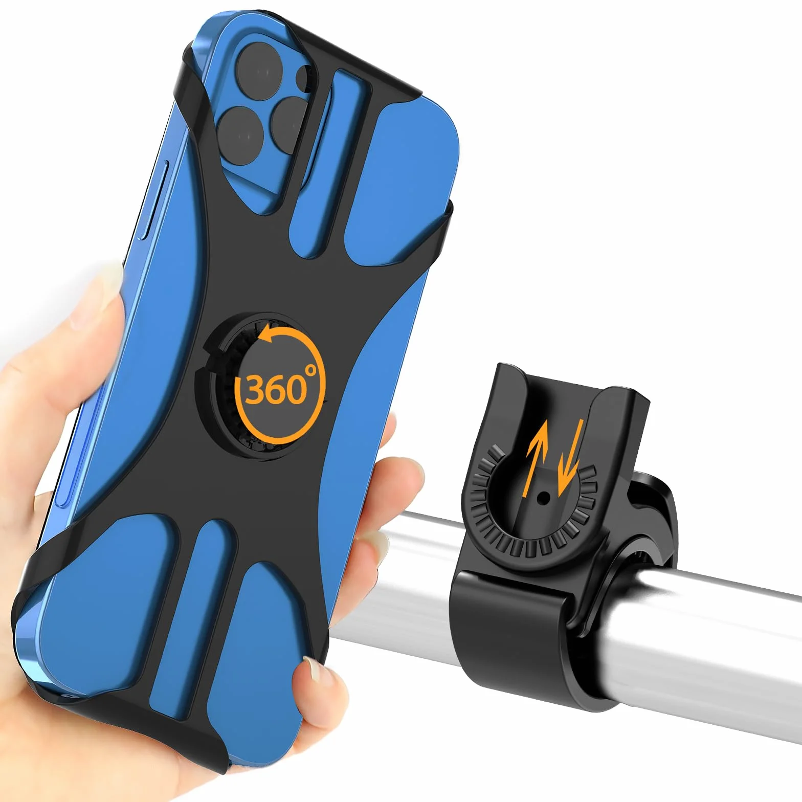 Uniwersalny uchwyt na telefon na rower i motocykl z aktywną amortyzacją drgań, 360° obrotowy, odpinany, montaż na kierownicę MTB – kompatybilny ze smartfonami 4,5–7,0” (iPhone, Samsung) – czarny