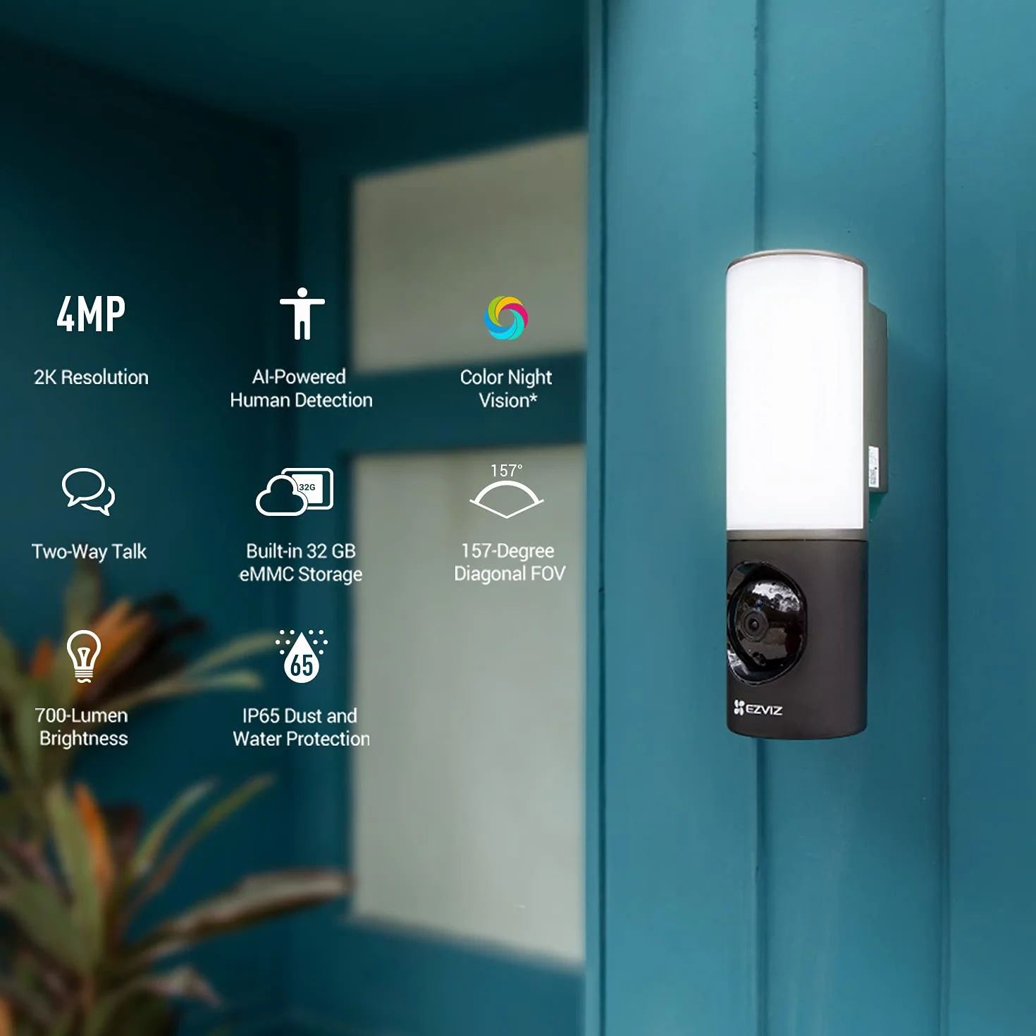 EZVIZ 4 MP Floodlight, kamera do monitoringu na zewnątrz, reflektor z wbudowanym oświetleniem, wykrywanie ruchu AI, noktowizor, 32 GB eMMC, regulowana jasność, alarm aplikacji, LC3