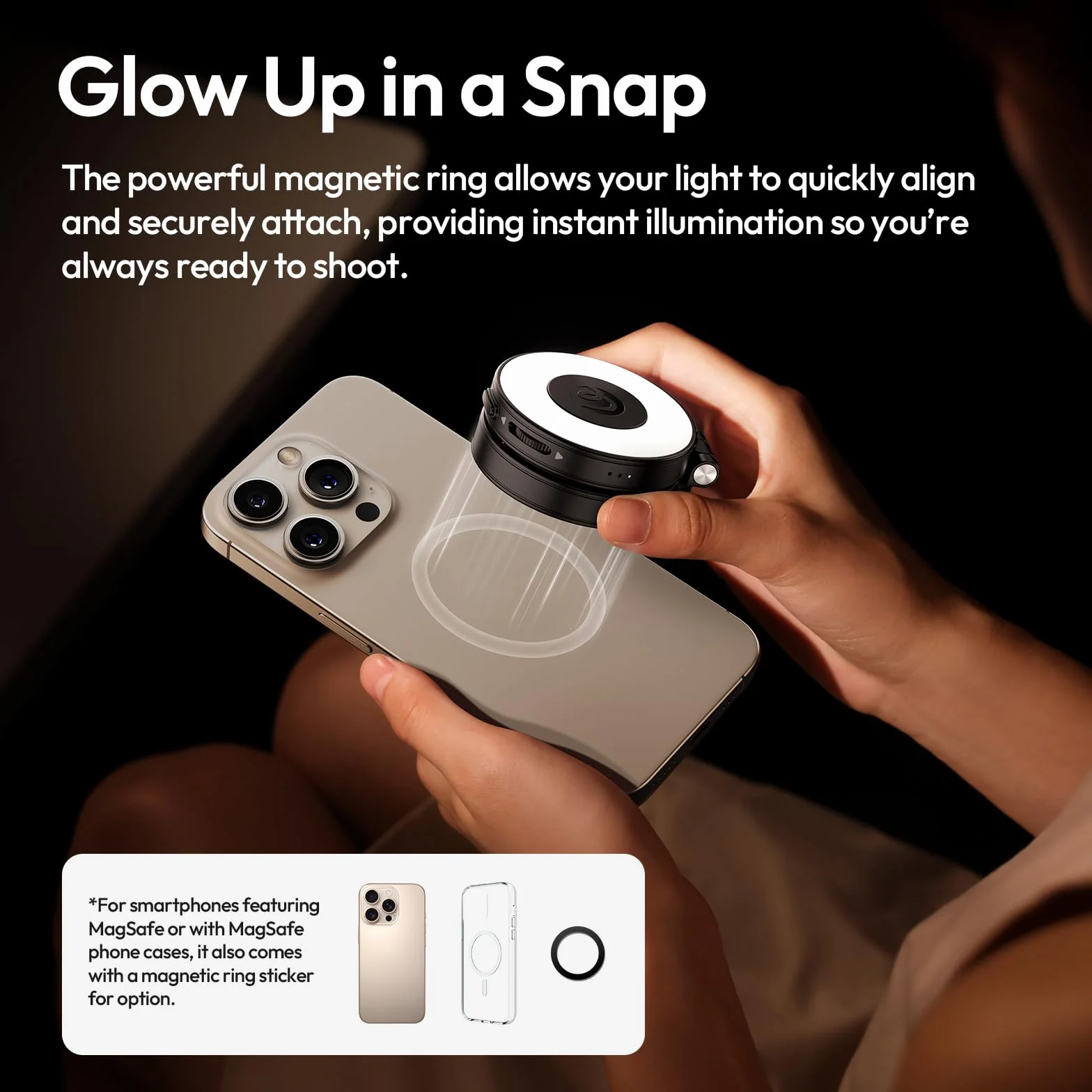 ULANZI LM23 Magnetyczna lampa do selfie, ulepszona lampa pierścieniowa do selfie 360° iPhone'a z mocowaniem rozmów wideo/konferencji/vlogów/fotografii (Czarny)
