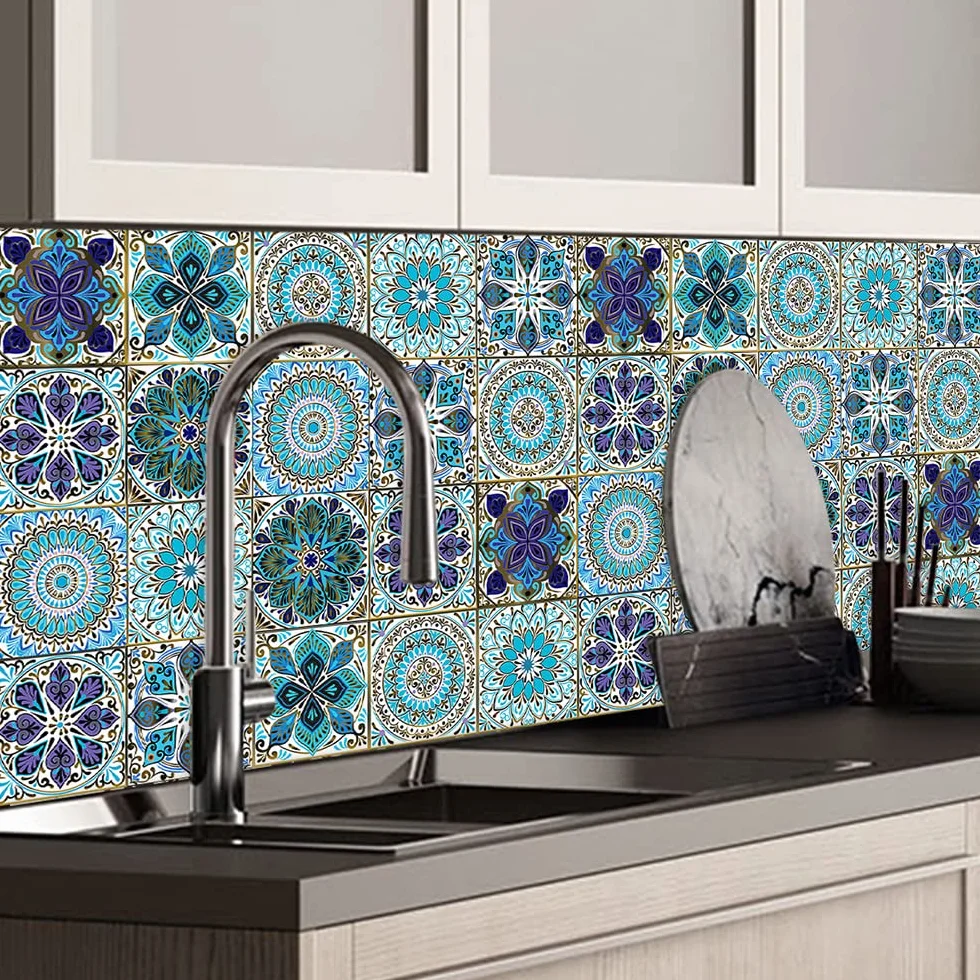 Autocollants Carrelage Salle de Bain Cuisine 15x15 cm PVC imperméable Mosaïque Azulejos Bleu