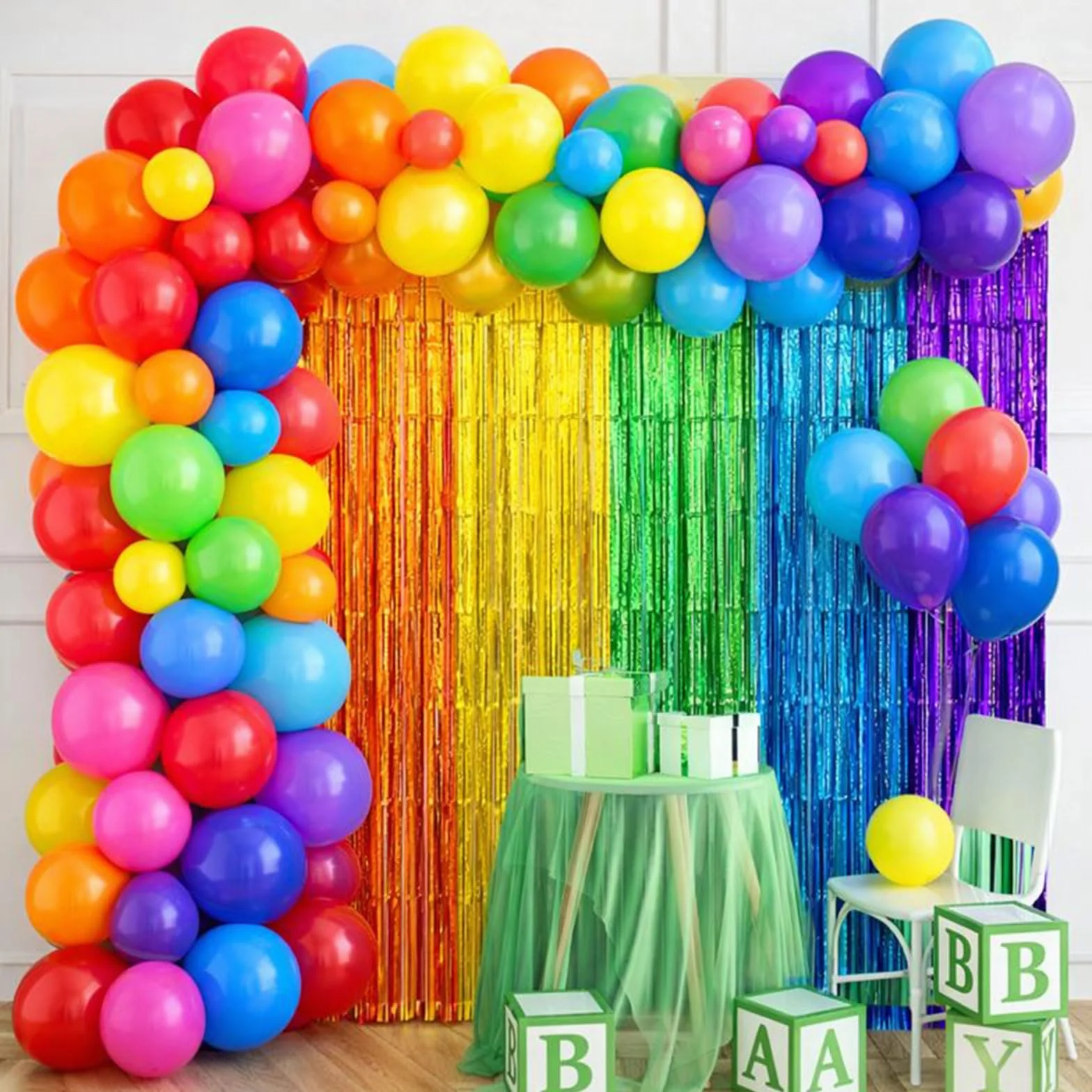 Rideau Métallique Tinsel Arc-en-Ciel, Rideau à Franges Brillant Auto-Adhésif, Décoration Porte Mur Table pour Fête Anniversaire Mariage