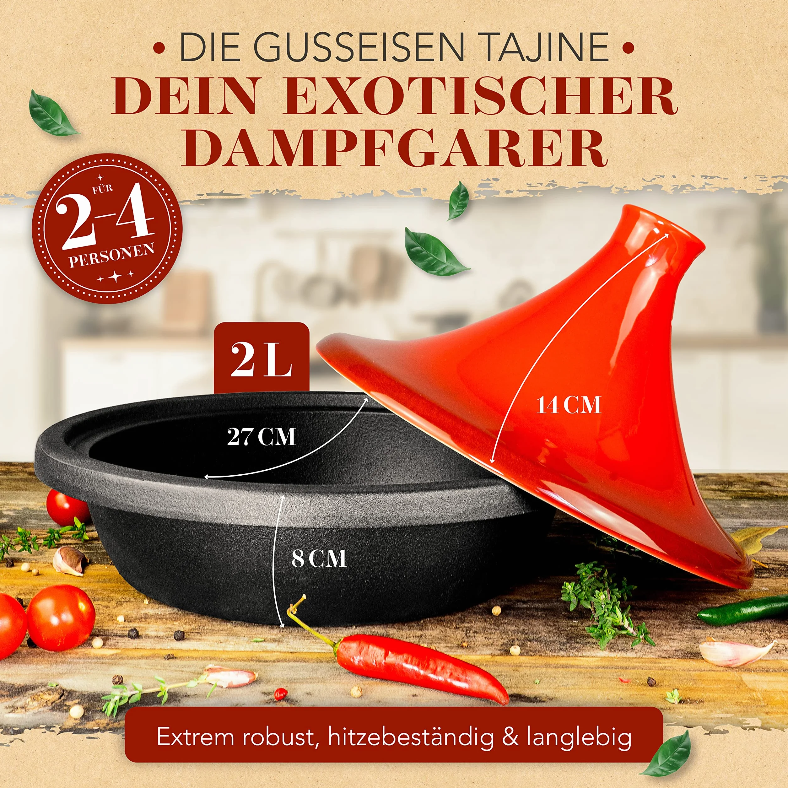 KRUSTENZAUBER Tajine pour 2 à 4 personnes – Tajine oriental en fonte de qualité supérieure de 27 cm – Convient pour induction et four