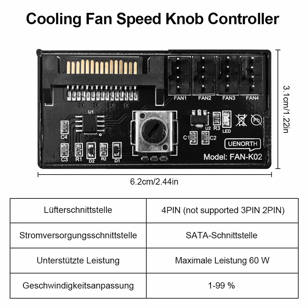Joycabin Cooling Fan Speed Knob Controller regulator prędkości wentylatora, 4-pinowy, sterowanie wentylatorem PWM 12 V, adapter wentylatora, wentylator, regulator prędkości, interfejs zasilania SATA