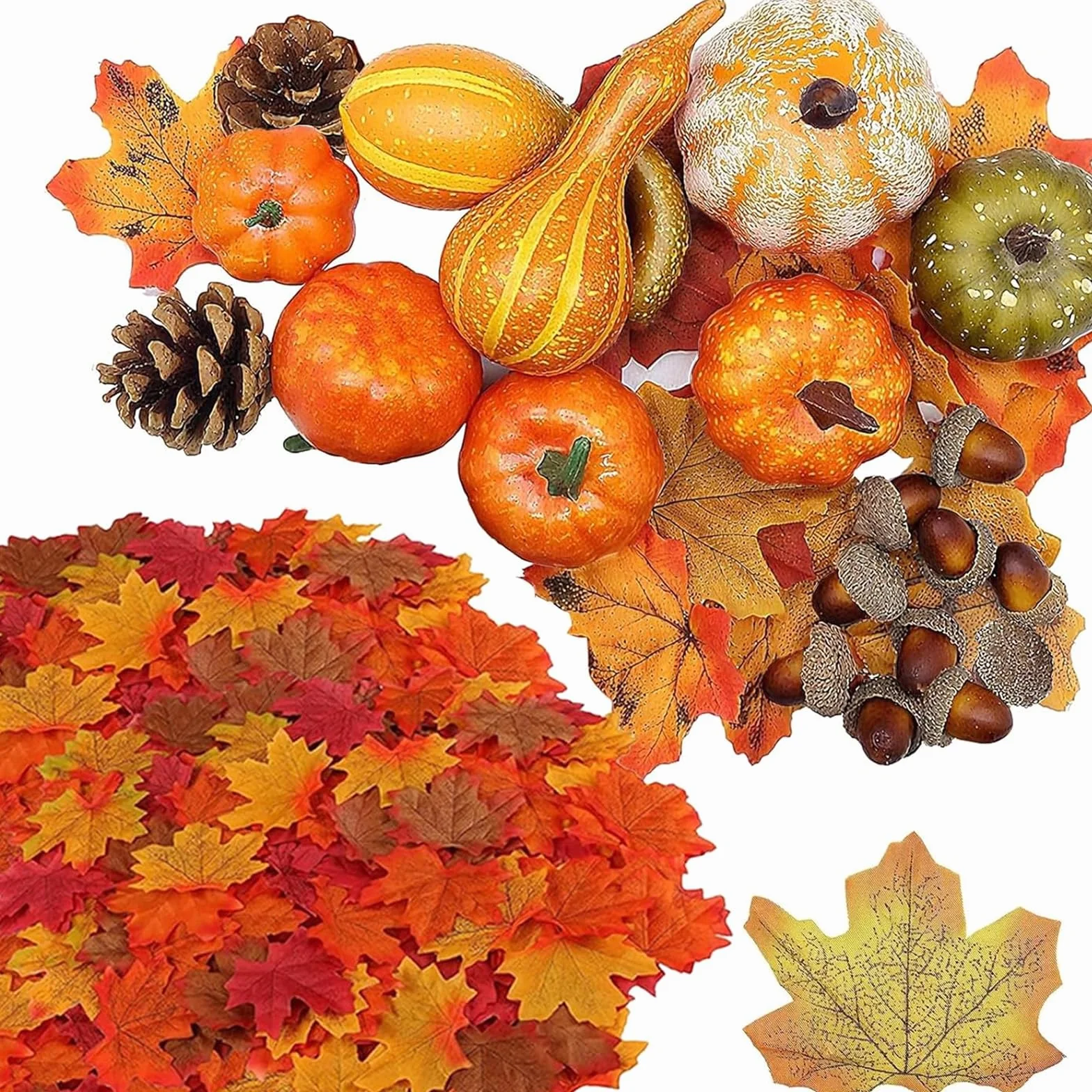 120Pcs Ensemble de Citrouilles Artificielles Décoration d'Automne Fausses Citrouilles Feuilles Pommes de Pin Gourdes Halloween Thanksgiving