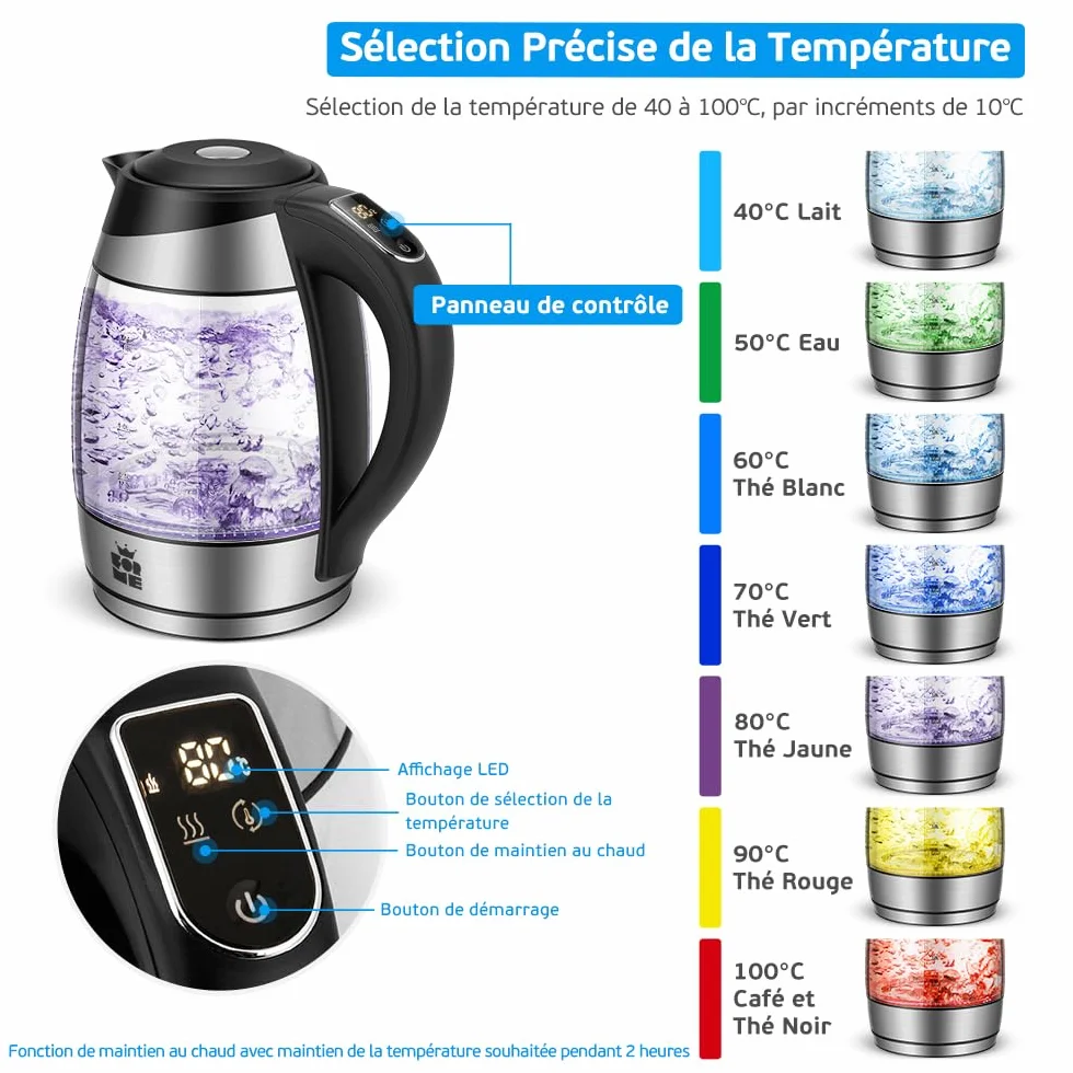 FOR ME Bouilloire Électrique en Verre 1.8L, Contrôle de la Température, Maintien au Chaud, Sans BPA