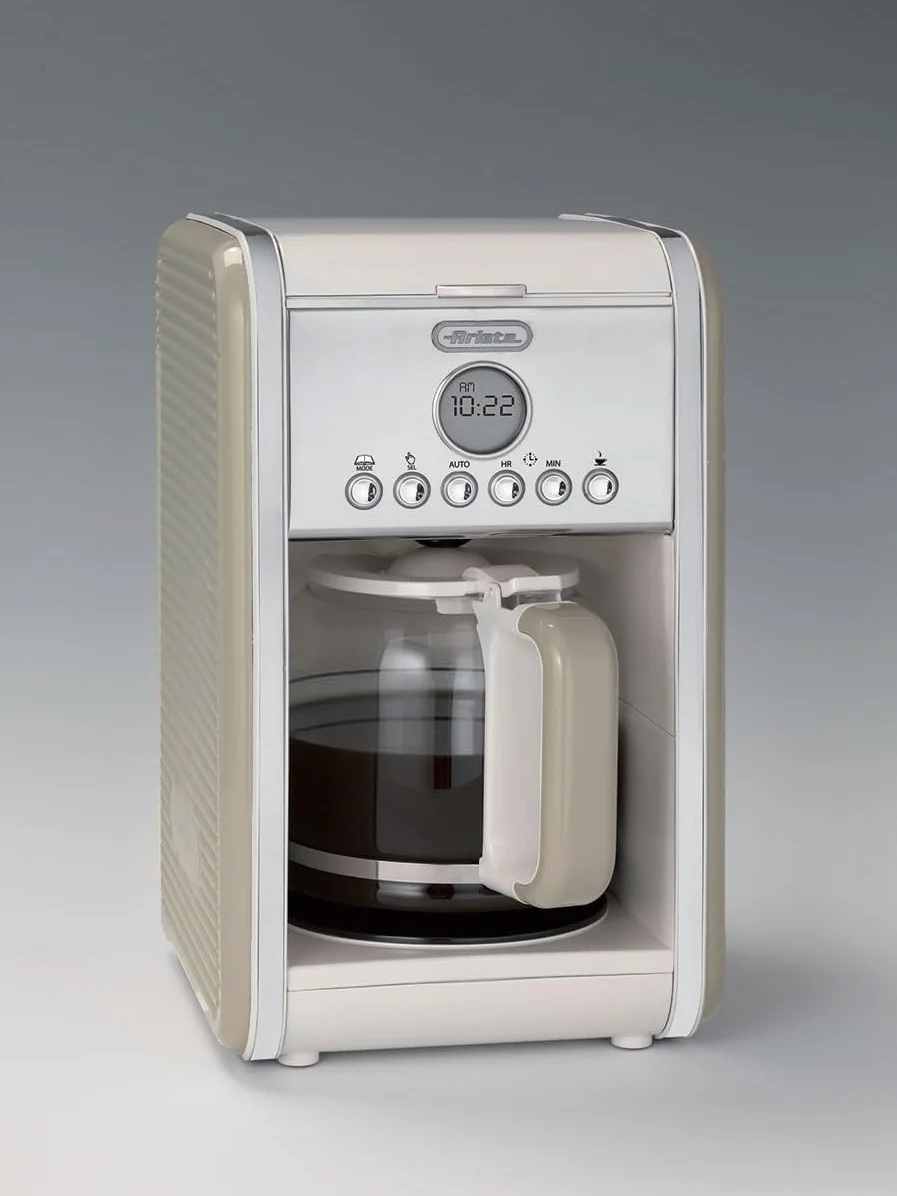 Ariete Vintage Machine à Café Americano 1342, Cafetière Filtre, Carafe en Verre Trempé, Jusqu'à 12 Tasses, Minuteur 24 Heures, Arrêt Automatique, Anti-Gouttes, Capacité 1.5 L, 2000W, Beige
