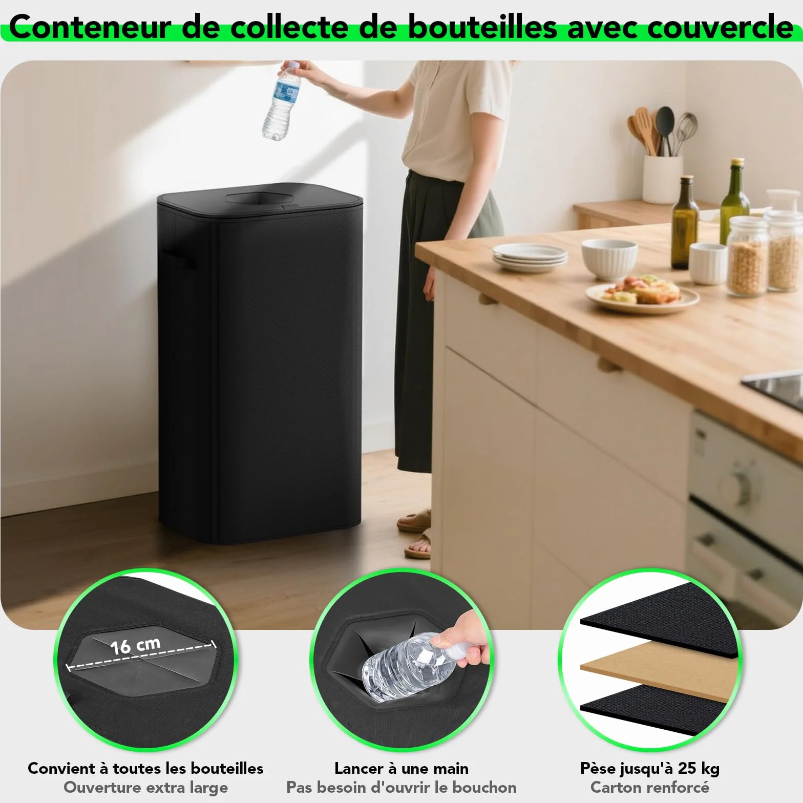 110L Poubelle Tri Selectif Plastique Bouteilles Verre Collecteur avec Couvercle Recyclage