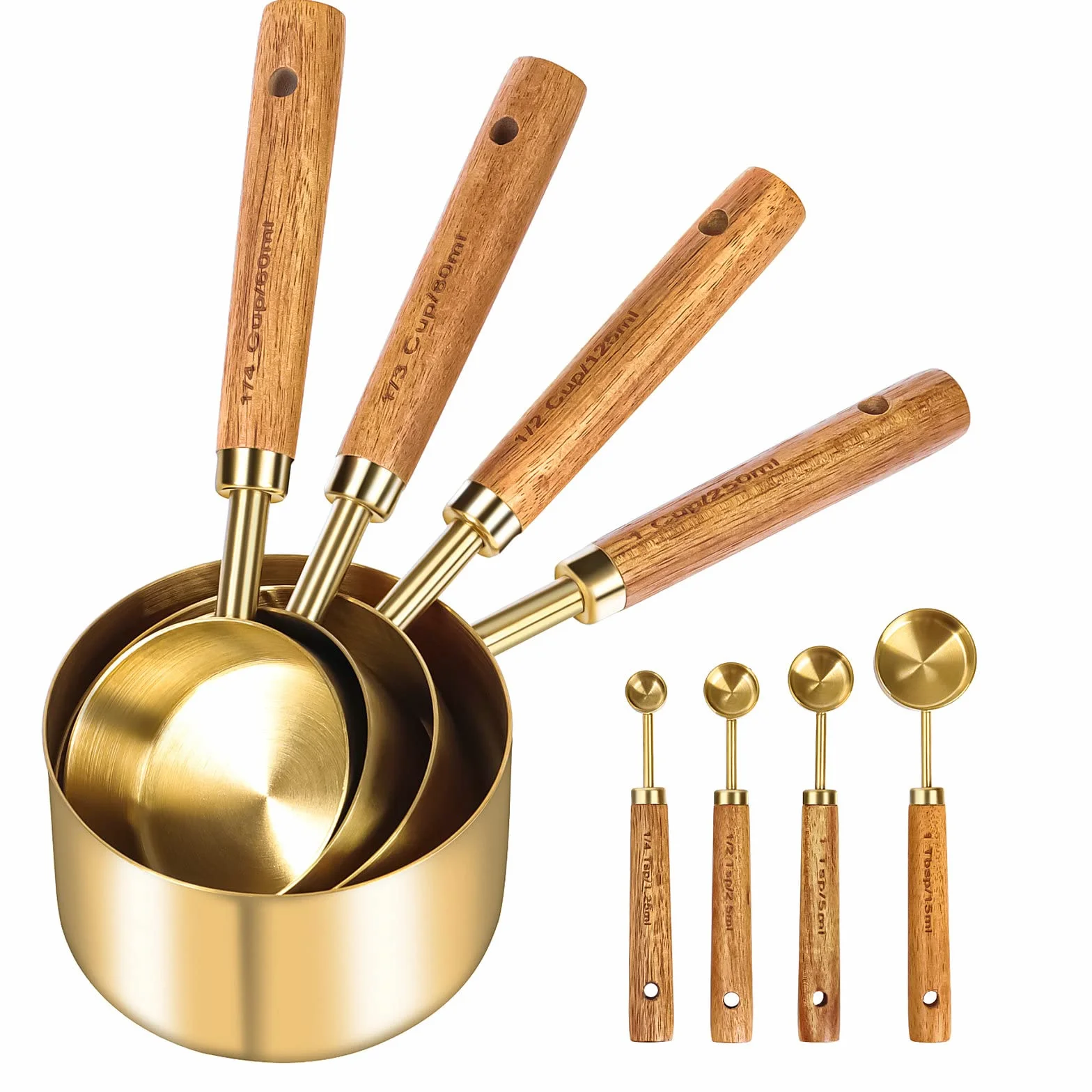 Cuteefun Ensemble de 8 Cuillères et Tasses à Mesurer, Acier Inoxydable, Finition Polie Or, pour la Cuisson