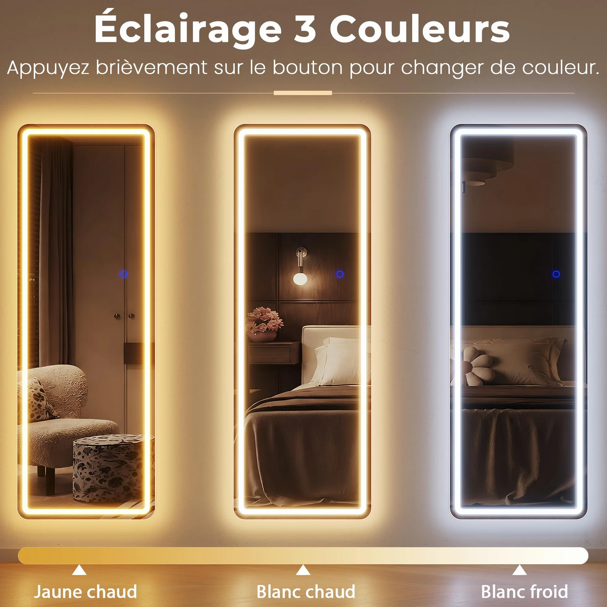 LED Miroir Mural 120x37cm Pleine Longueur avec Lumière Grand Miroir de Porte Suspendu Blanc