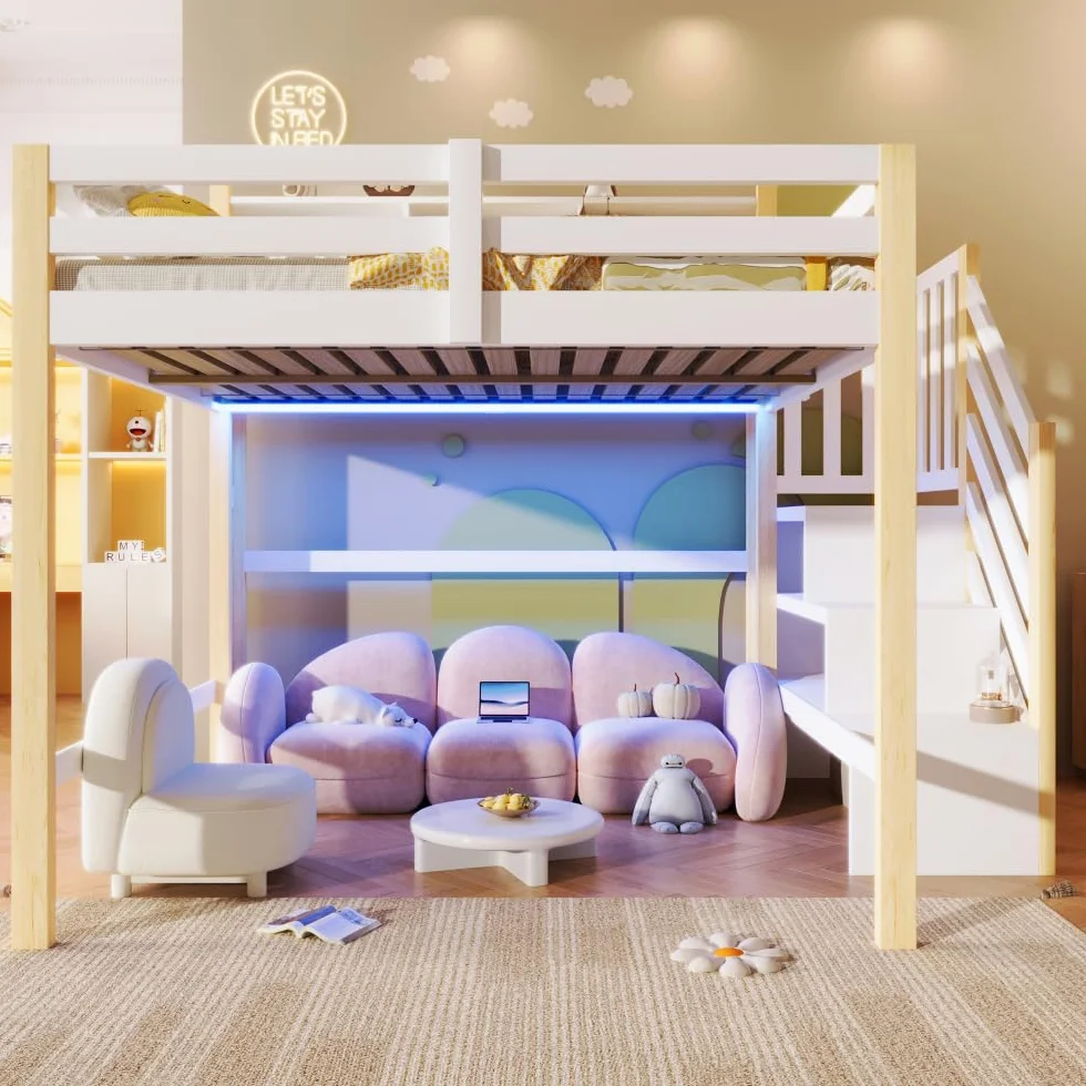 Sapgaks Lit Mezzanine Enfants 90x200cm,lit superposé Enfant avec lumières LED,lit Enfant avec Rangement sous Le lit,lit Enfant avec Barriere,échelle de Rangement,Blanc + Naturel
