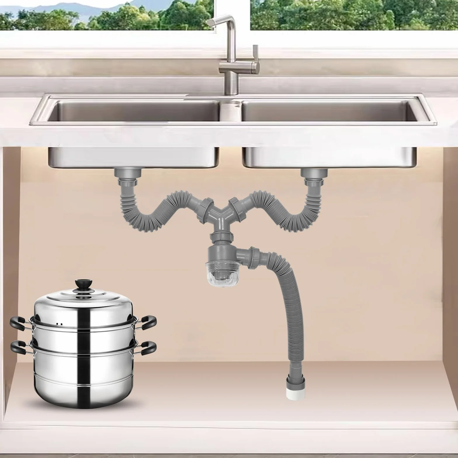 Kit de vidange double évier 1½" siphon P extensible coupelle anti-odeurs visible amovible lavable cuisine salle de bain