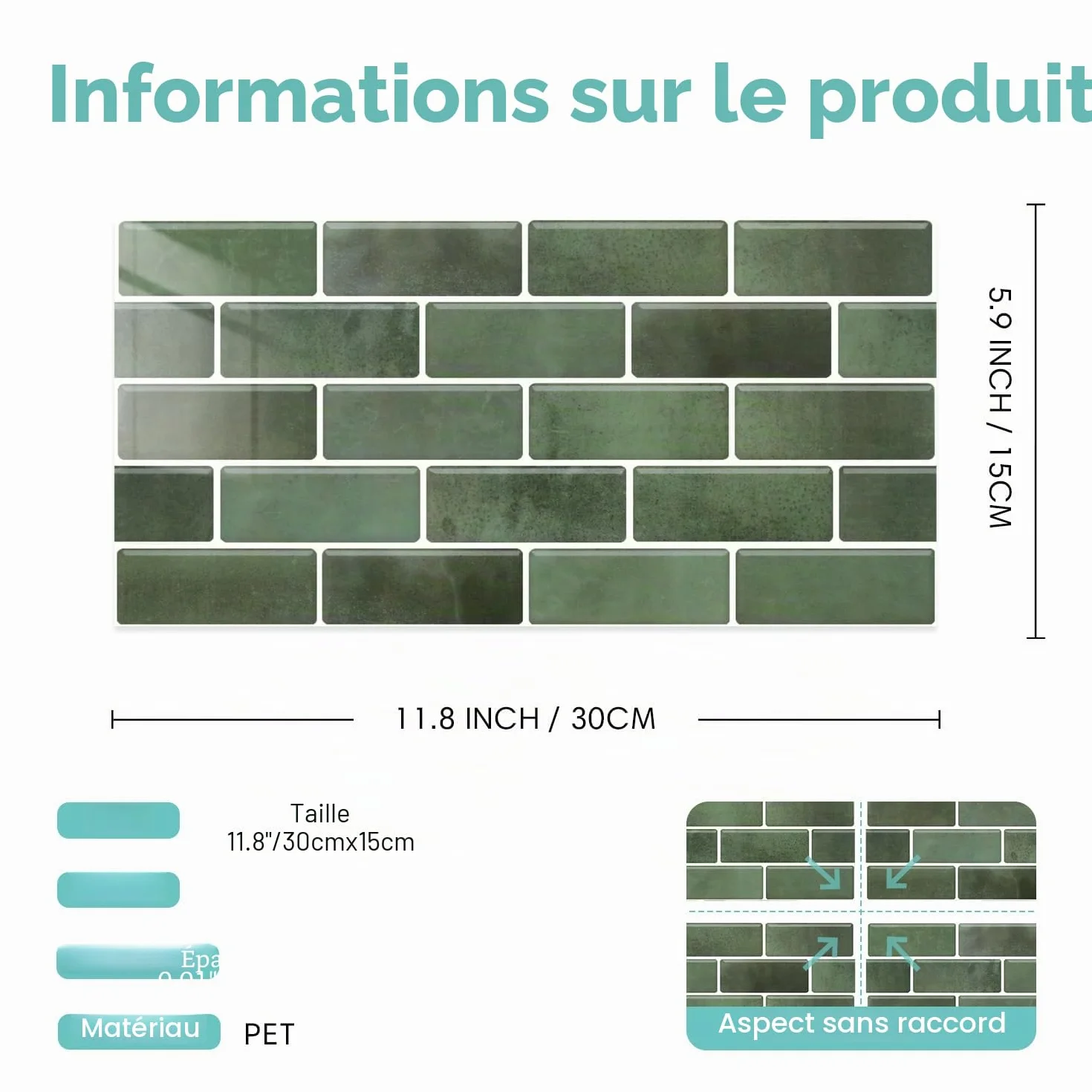 Commomy Stickers Adhésive Carrelage Autocollant Mural, 30 x 15 cm, Vert Marbre, 12 Pièces pour Cuisine Salle de Bain