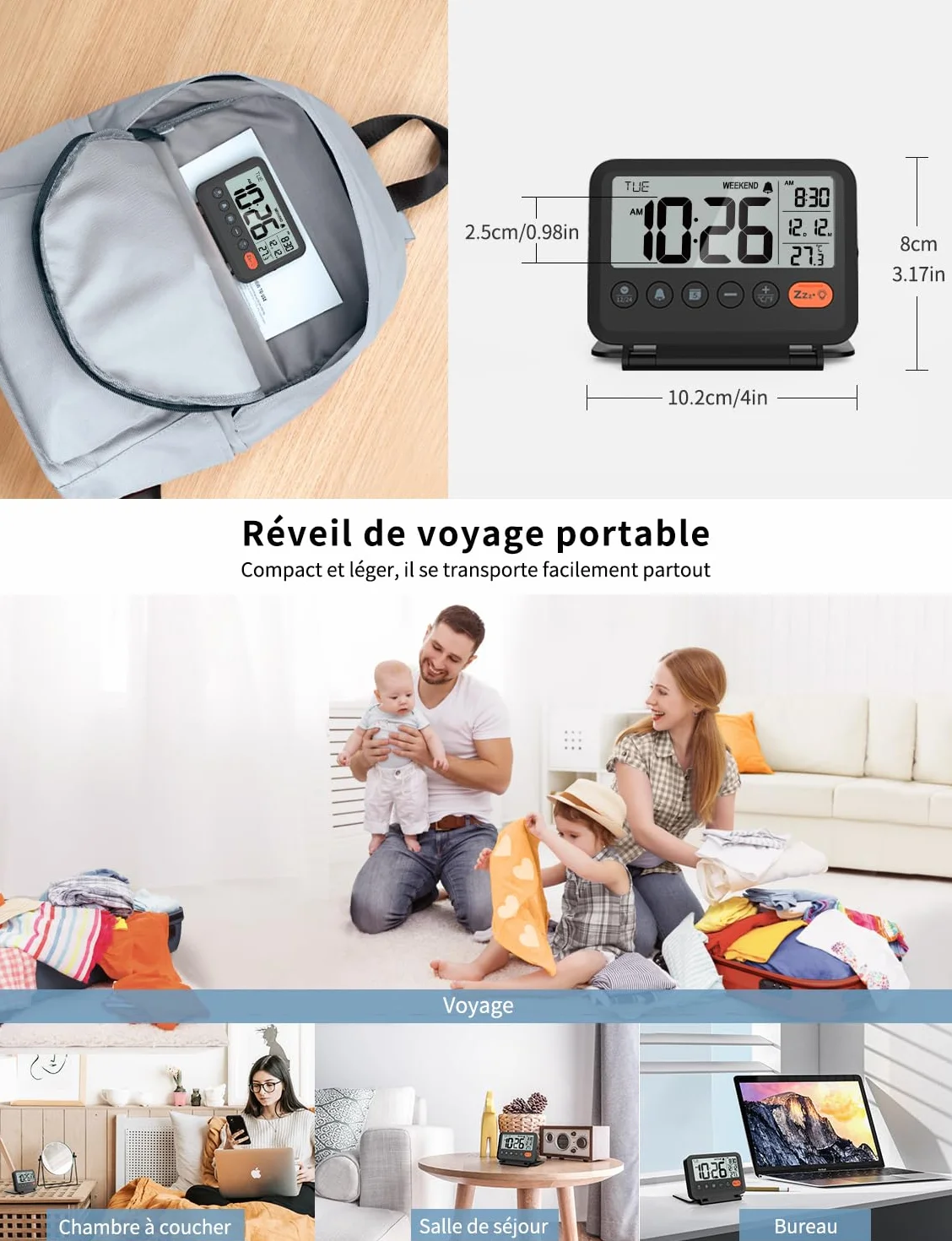 Réveil de Voyage Numérique avec Rétroéclairage 2 Niveaux, 12/24h, Calendrier, Température, Mode Week-End