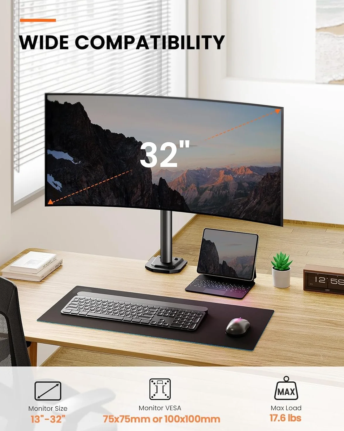 ErGear Bras Ecran PC Réglable en Hauteur 42 cm, Support Moniteur 13-32 Pouces, VESA 75/100 mm, 8 kg Gaming