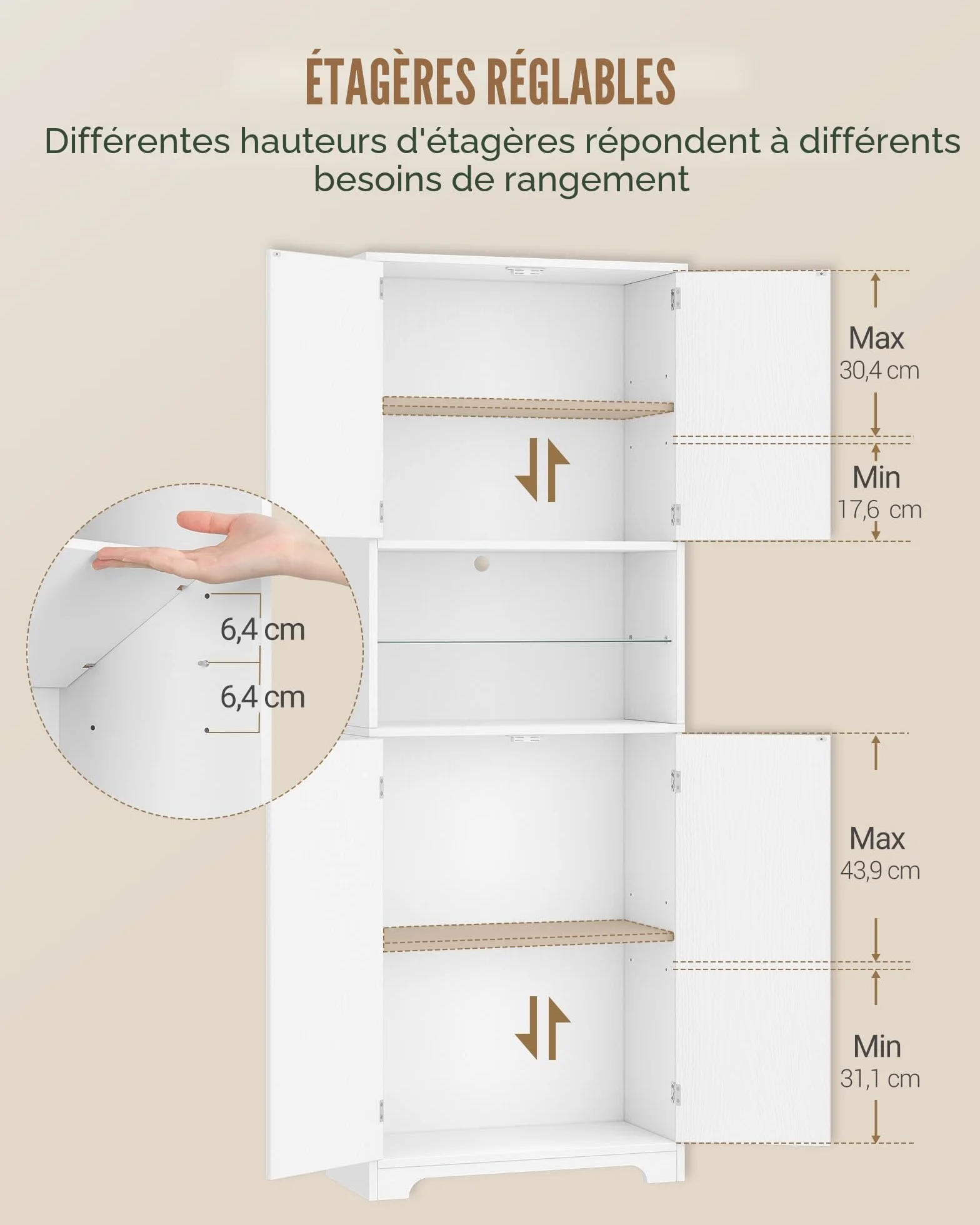Hzuaneri Meuble Colonne Salle de Bain, Meuble de Rangement, Armoire de Rangement, Placard Rangement, Armoire de Salle de Bain avec 4 Portes, 30 x 60 x 170 cm, Bois Blanc SC68213X