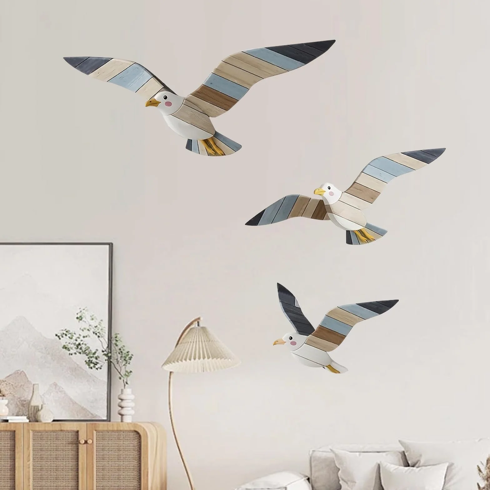 Décoration Murale de Plage en 3 Pièces, Bois, Mouettes, Art Mural Thème pour Salon Chambre