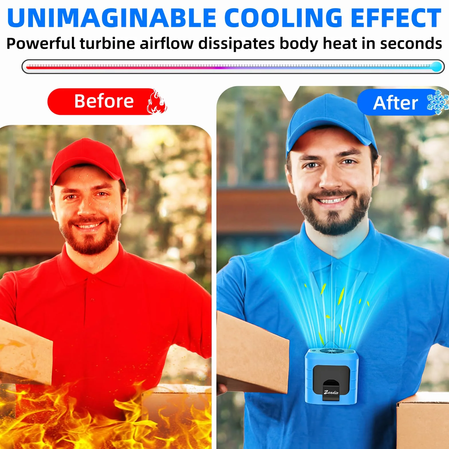Zeadio Ventilateur Portable à Clip Ceinture, 10000 mAh, Ventilateur Mains Libres avec Lampe Torche LED&Batterie Externe, Ventilateur Rafraîchissant pour Travail en Extérieur, Pêche, Randonnée, Bleu
